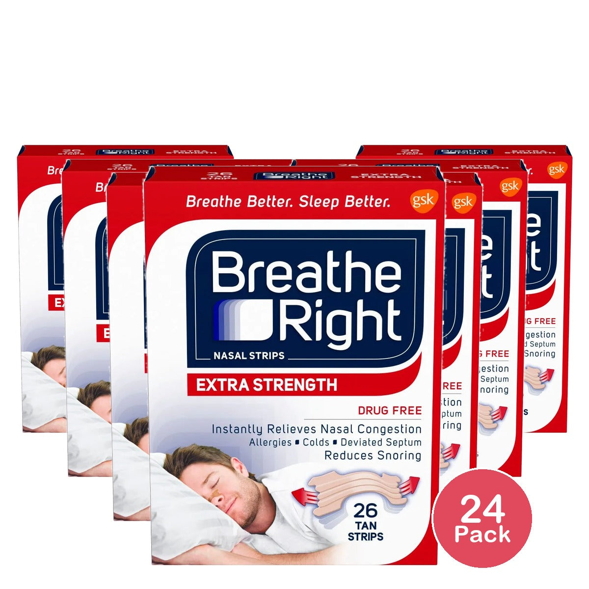 Breathe Right Nasal Strips for Congestion Relief Extra Tan Drug-Free0.71oz (Pack of 24)