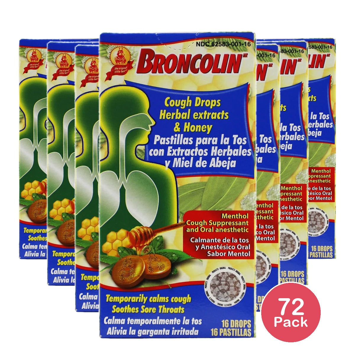 Broncolin Candy Drops Honey and Herbal Extracts with Menthol 16 Drops 1.4 Oz (Pack of 72)