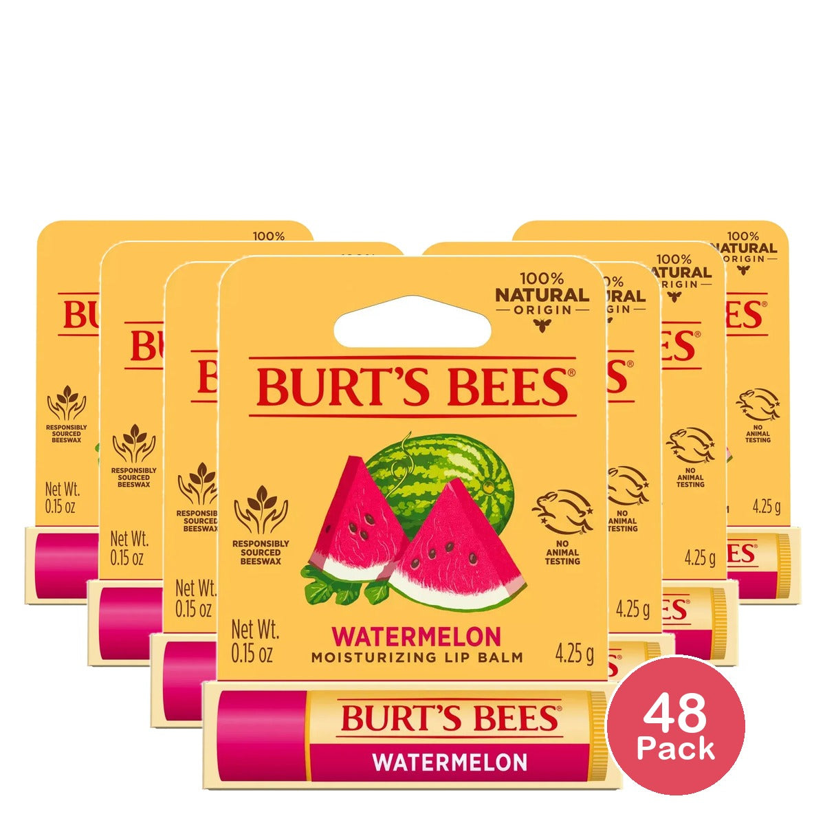 Burt'S Bees 100% Natural Moisturizing Lip Balm With Beeswax, Watermelon, 1 Tube 0.15 Oz (Pack Of 48)