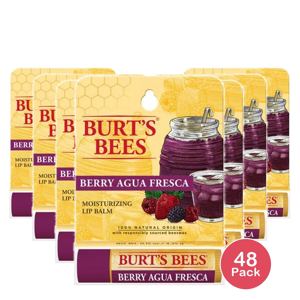 Burt'S Bees 100% Natural Origin Lip Balm, Berry Agua Fresca, 1 Tube 0.15 Oz (Pack Of 48)