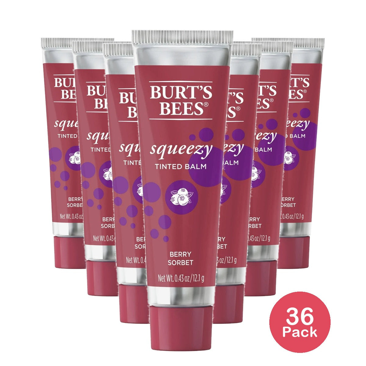 Burt's Bees 100% Natural Squeezy Tinted Lip Balm With Beeswax, Berry Sorbet, 1 Tube 0.43 Oz (Pack Of 36)