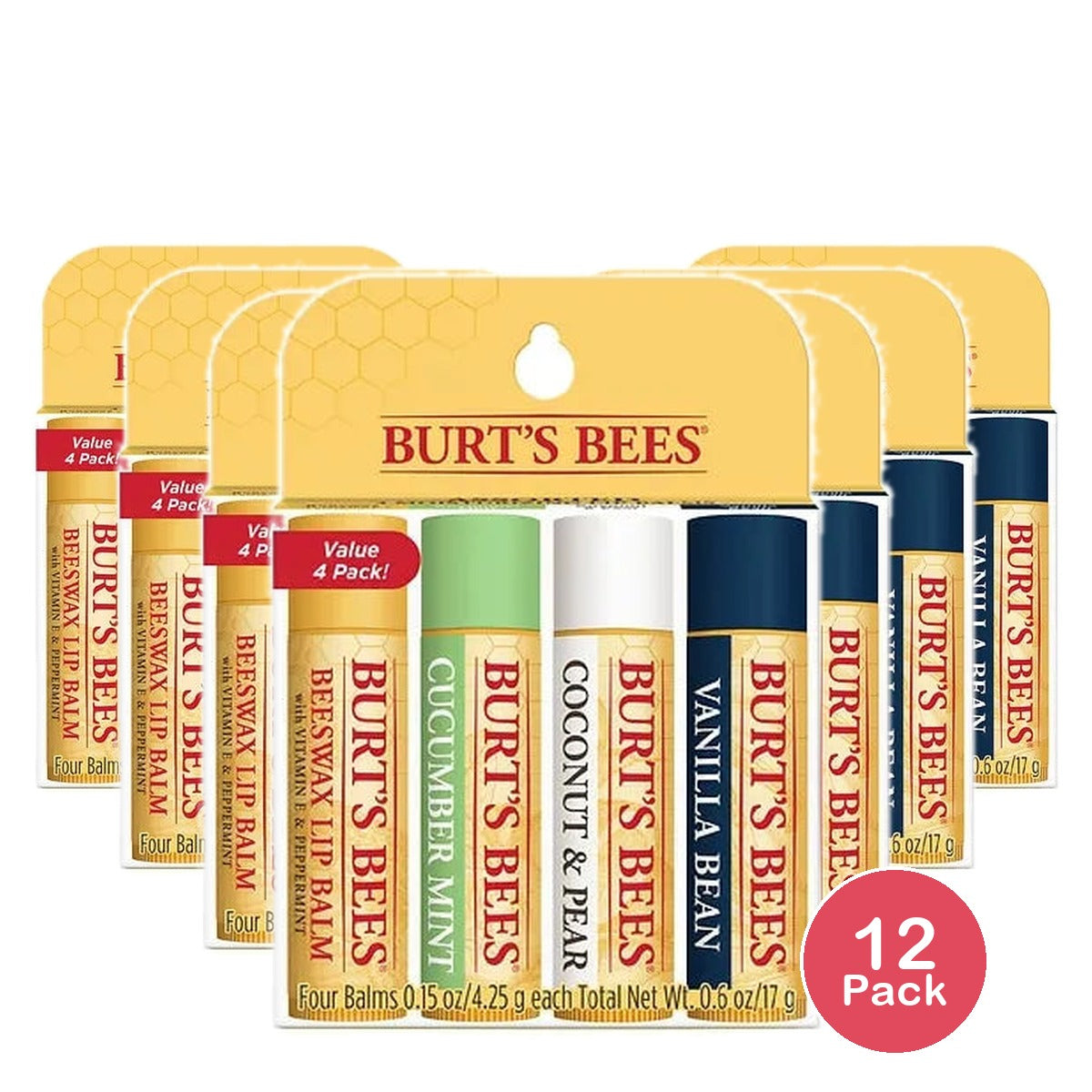 Burt'S Bees Beeswax + Cucumber Mint + Coconut & Pear + Vanilla Bean Lip Balm - 4 Count 0.6Oz (Image May Vary) (Pack Of 12)