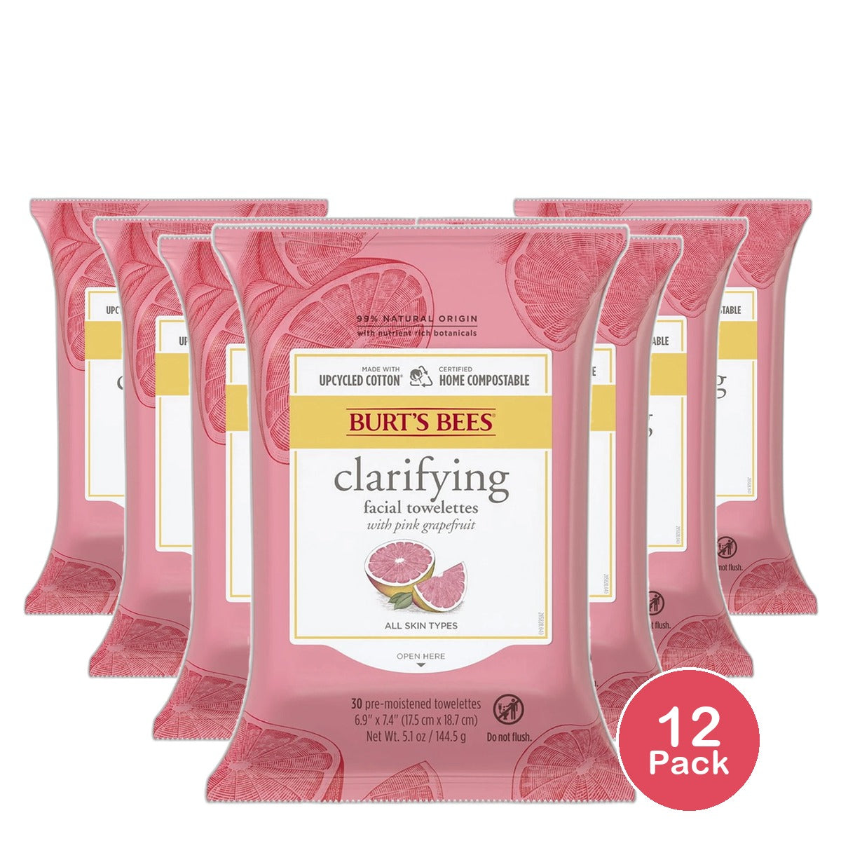 Burts Bees Grapefruit Facial Wipes for Normal to Oily Skin 5.1oz (Pack of 12)