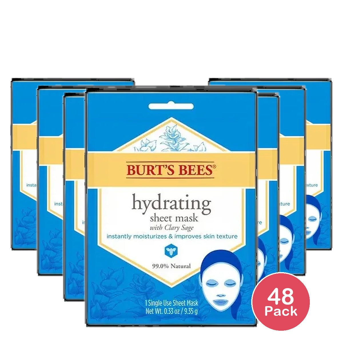 Burt'S Bees Hydrating Face Mask, Single Use Sheet Mask, 1 Ct 0.33Oz (Pack Of 48)