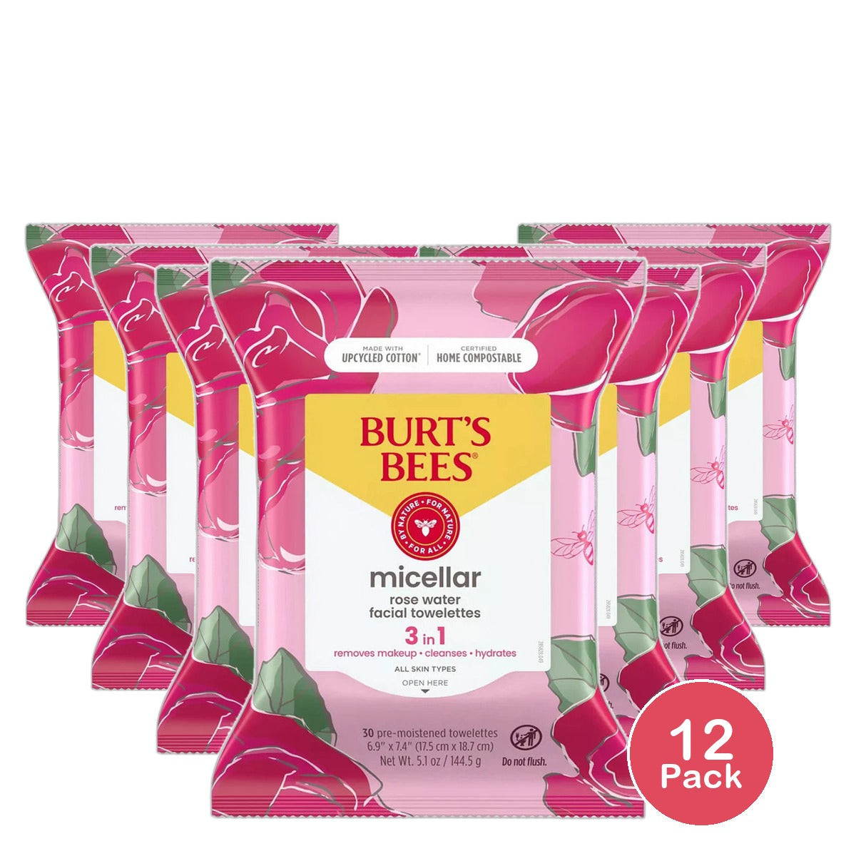 Burts Bees Micellar Makeup Removing Facial Cleansing Towelettes Rose Water 5.1oz (Pack of 12)
