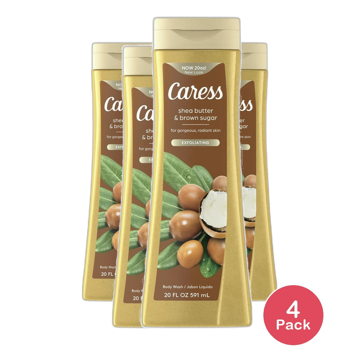 Caress Body Wash for Women Shea Butter and Brown Sugar for Dry Skin 20Oz (Pack of 4)