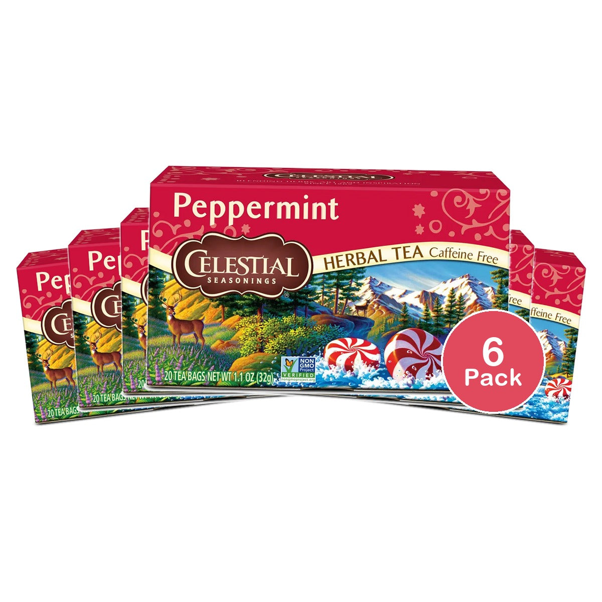 Celestial Seasonings Caffeine Free Peppermint Natural Herbal Tea20 Bags 1.1Oz (Pack Of 6)