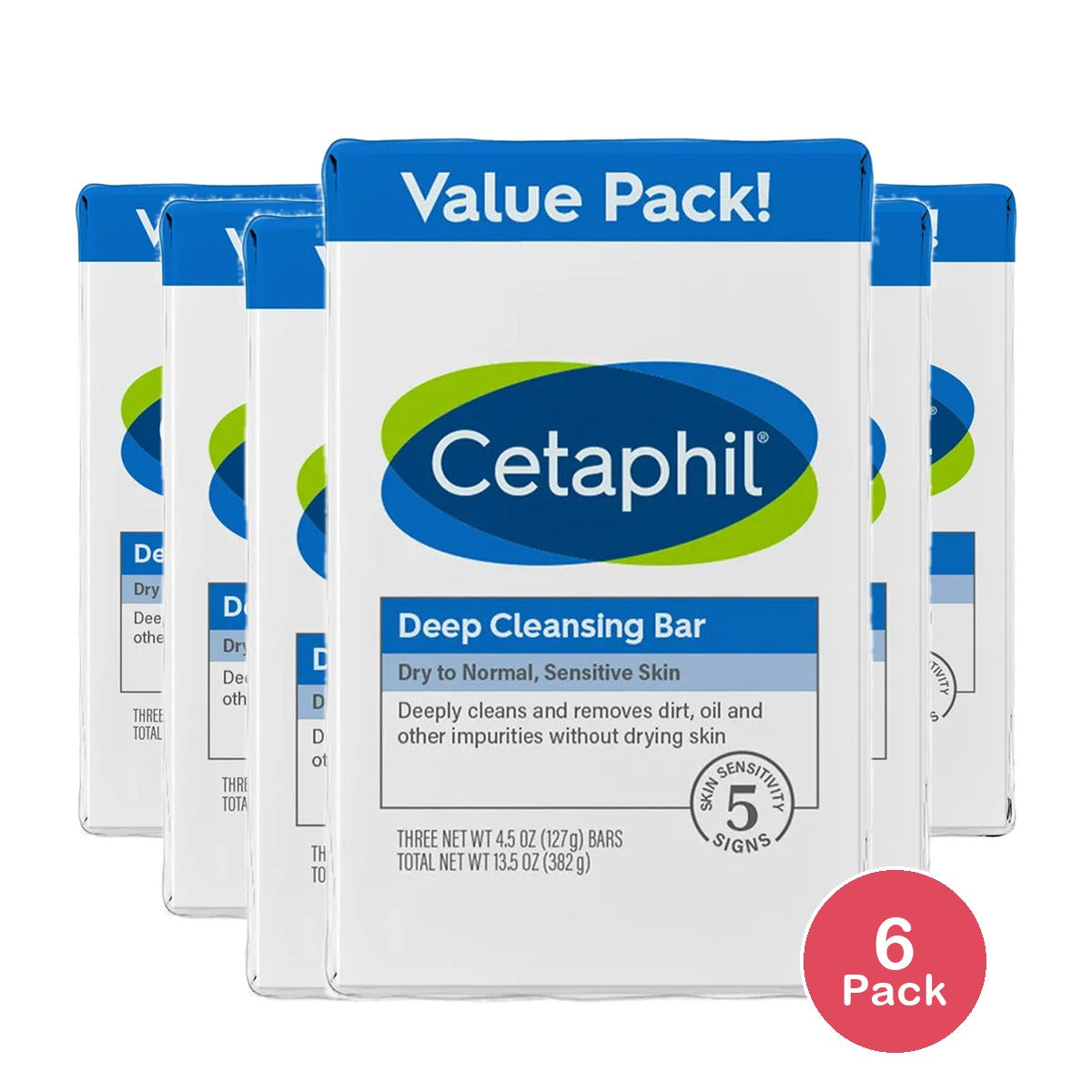 Cetaphil Deep Cleansing Bar Soap 3 Bars 13.5Oz (Pack of 6)