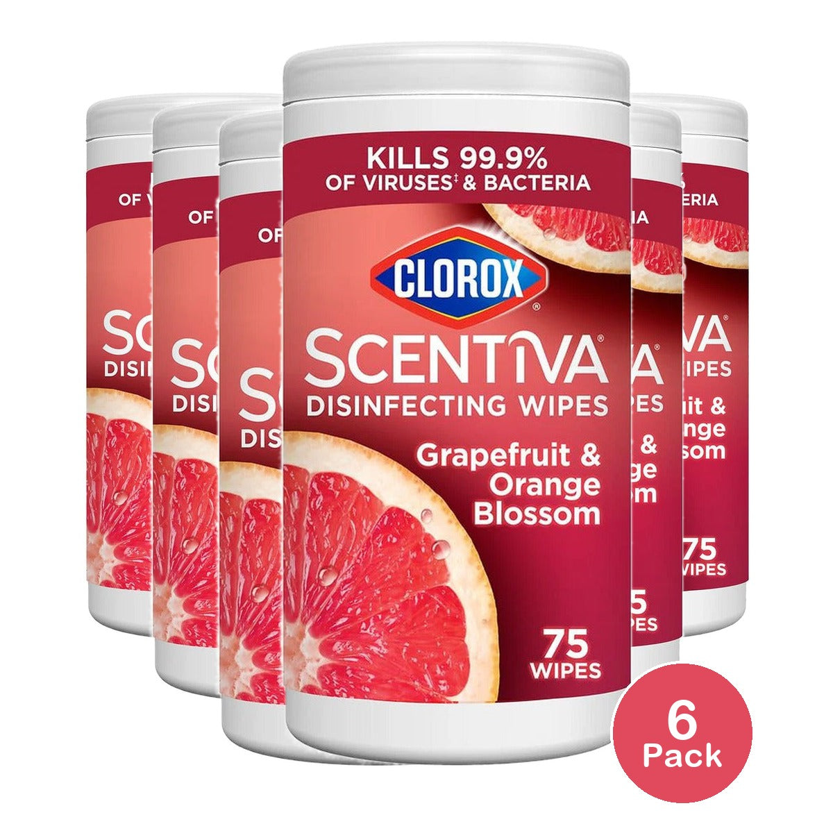 Clorox Scentiva Disinfecting Wipes Grapefruit 75 Count (Pack of 6)