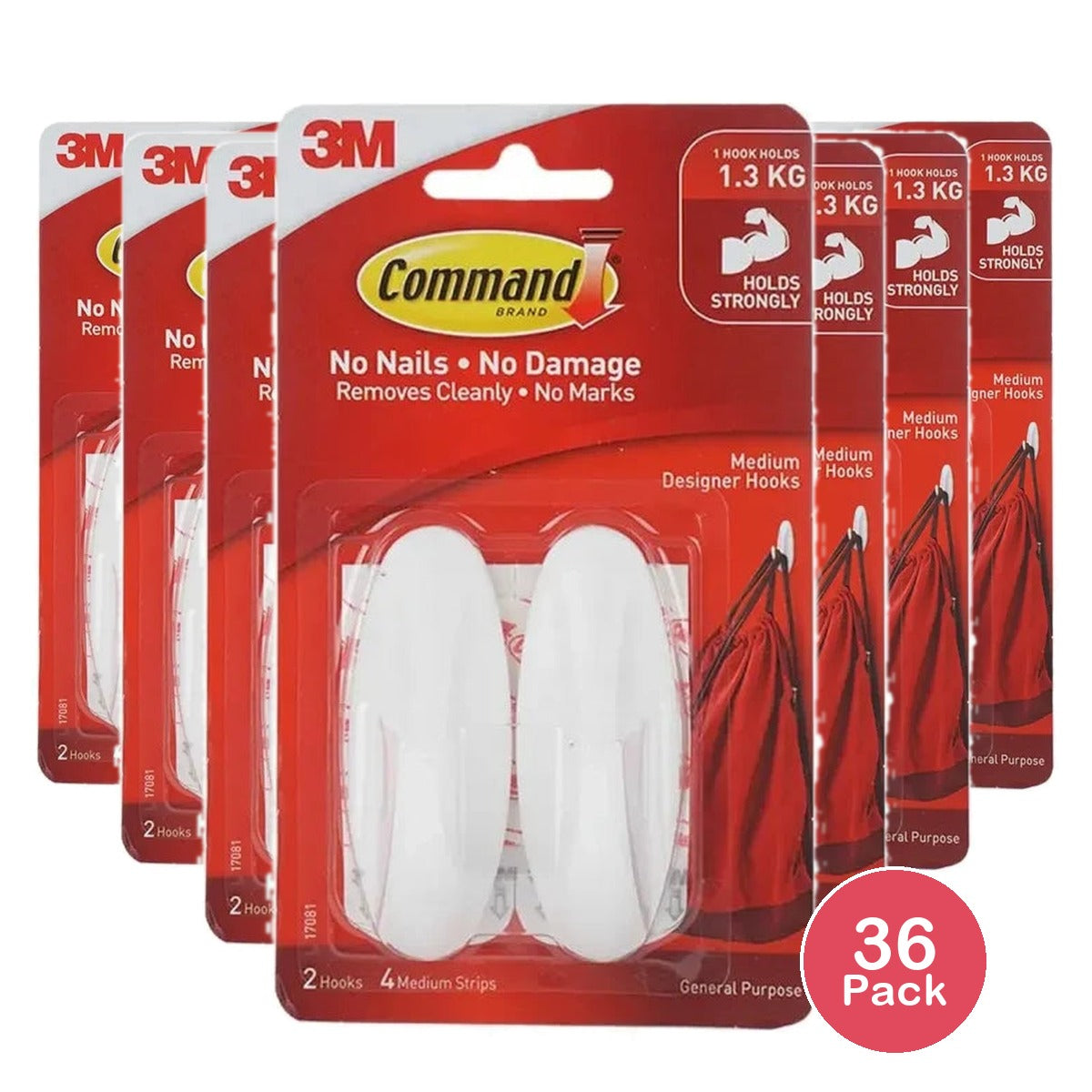 Command Medium Sized Designer Hooks (2 Hooks 4 Strips) White 0.64 Oz (Pack of 36)