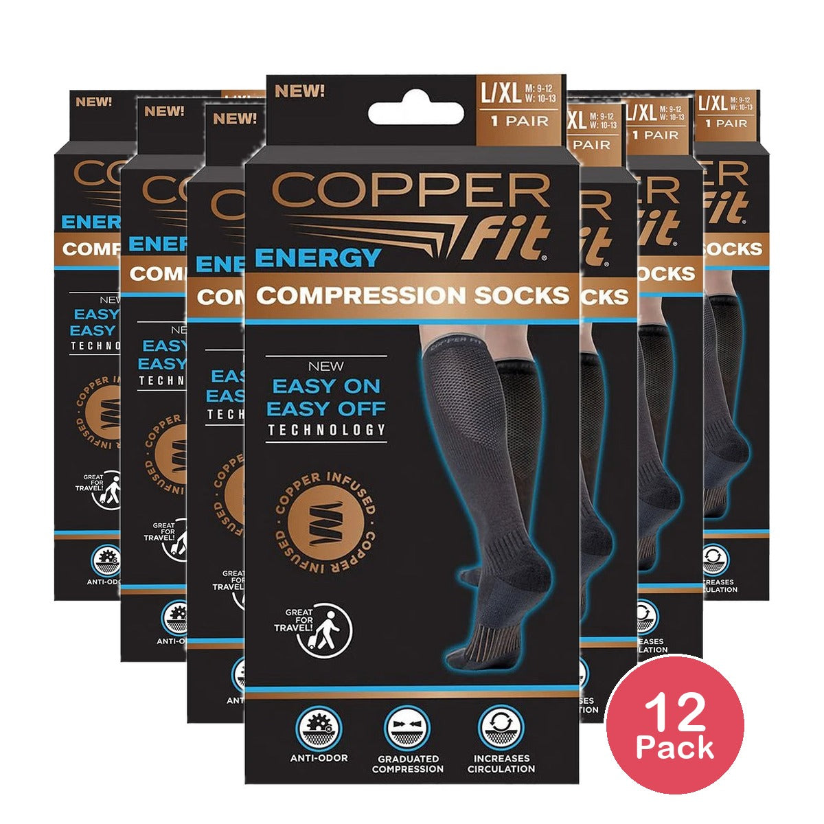 Copper Fit Unisex-Adult's 2.0 Easy-Off Knee High, Black, Size Large / X-Large 3.51Oz (Pack of 12)