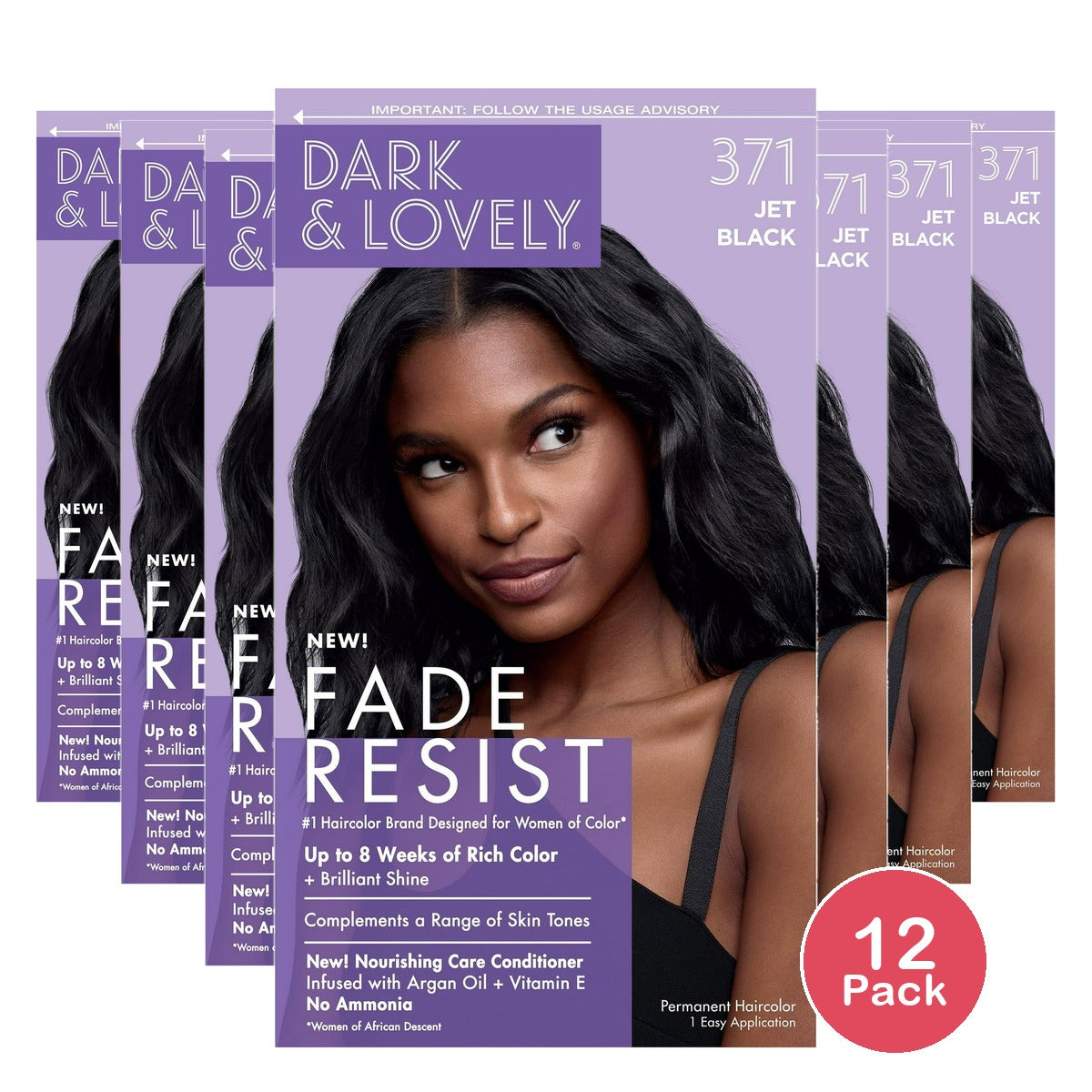 Dark and Lovely Fade Resist Permanent Hair Color - 371 Jet Black (Pack of 12)