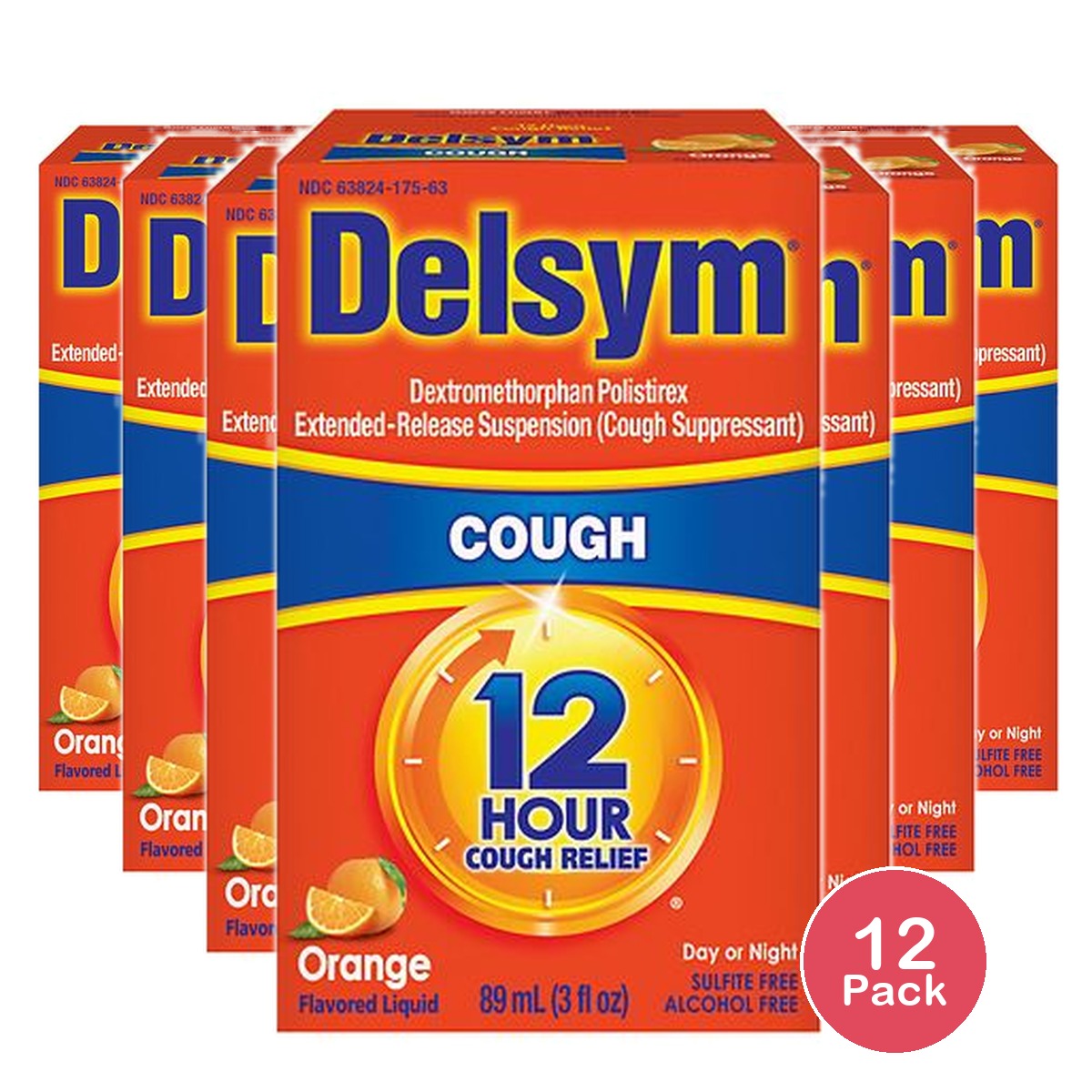 Delsym 12 Hr Cough Relief Liquid - Dextromethorphan - Orange - 3 fl oz (Pack of 12)