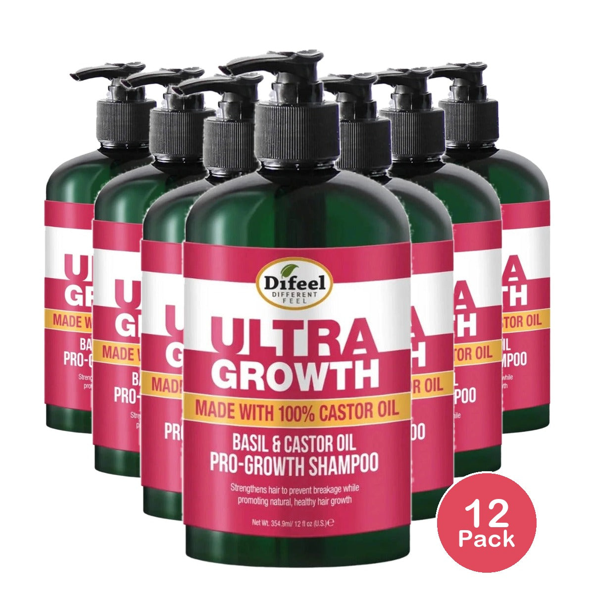 Difeel Ultra Growth Basil Castor Oil Shampoo 12 Oz (Pack of 12)