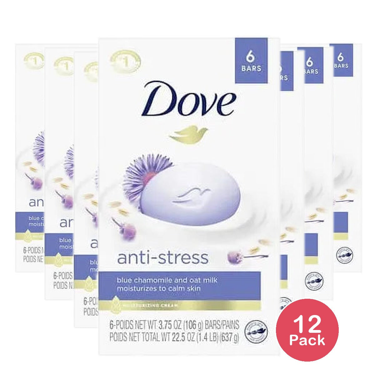 Dove Anti-Stress Beauty Bar - Blue Chamomile and Oat Milk 6 Ea 22.5oz (Pack of 12)