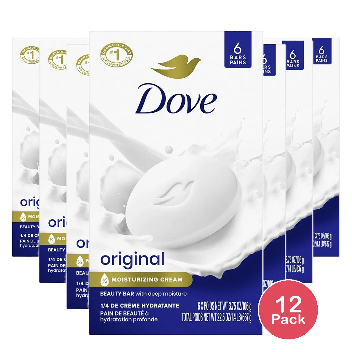 Dove Beauty Bar Soap for Women Original with 1/4 Moisturizing Cream All Skin 6 Ea 3.75Oz (Pack of 12)