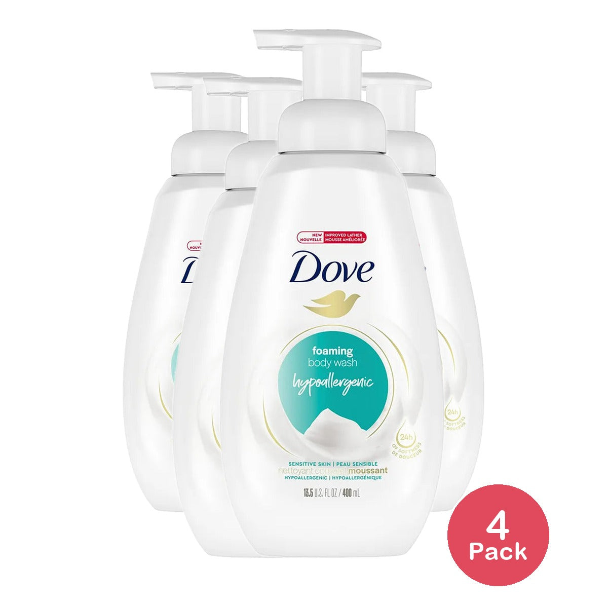 Dove Beauty Instant Foaming Sensitive Skin Body Wash 13.5Oz (Pack of 4)