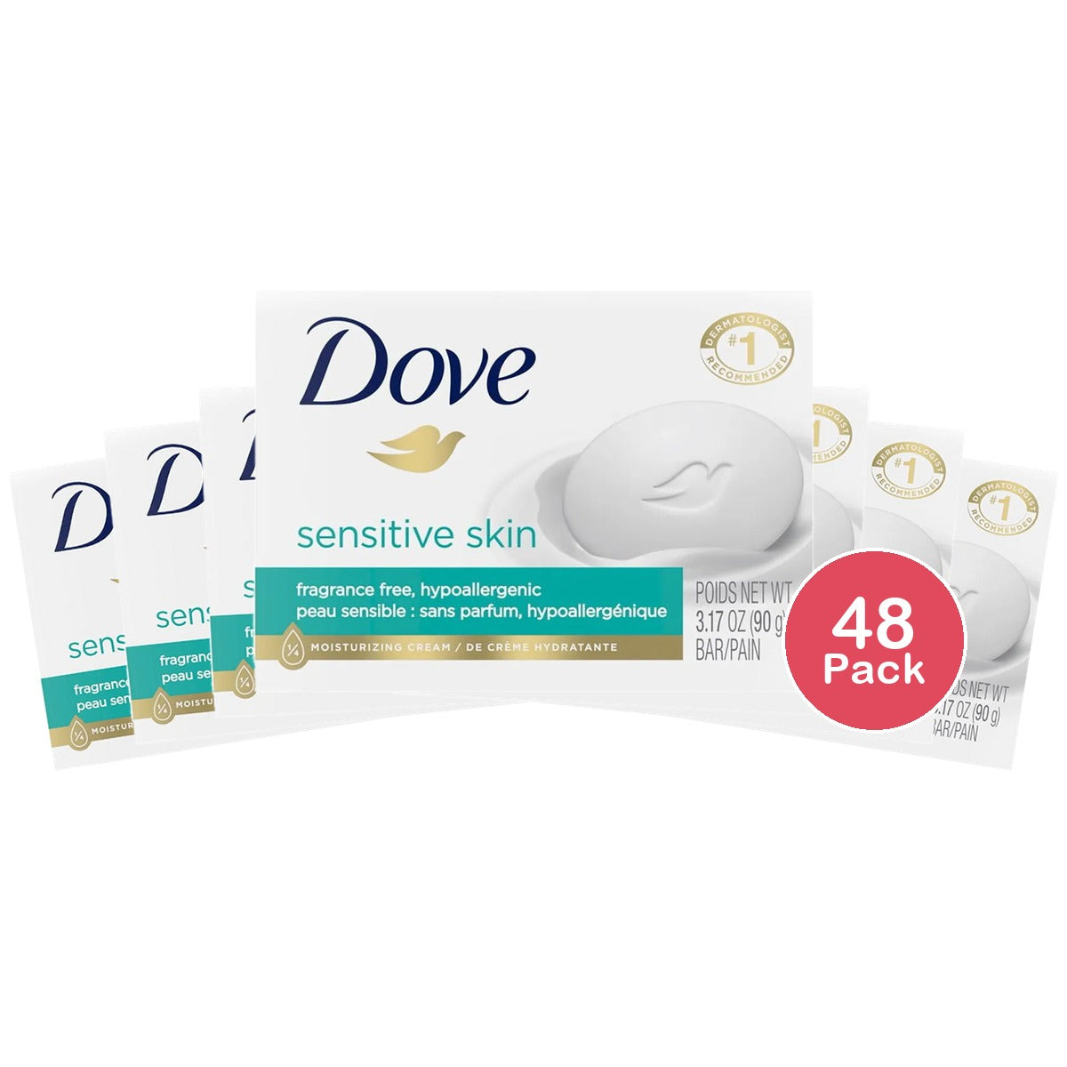 Dove Beauty Moisturizing Cream Bar Soap For Sensitive Skin Unscented 3.17Oz (Pack of 48)