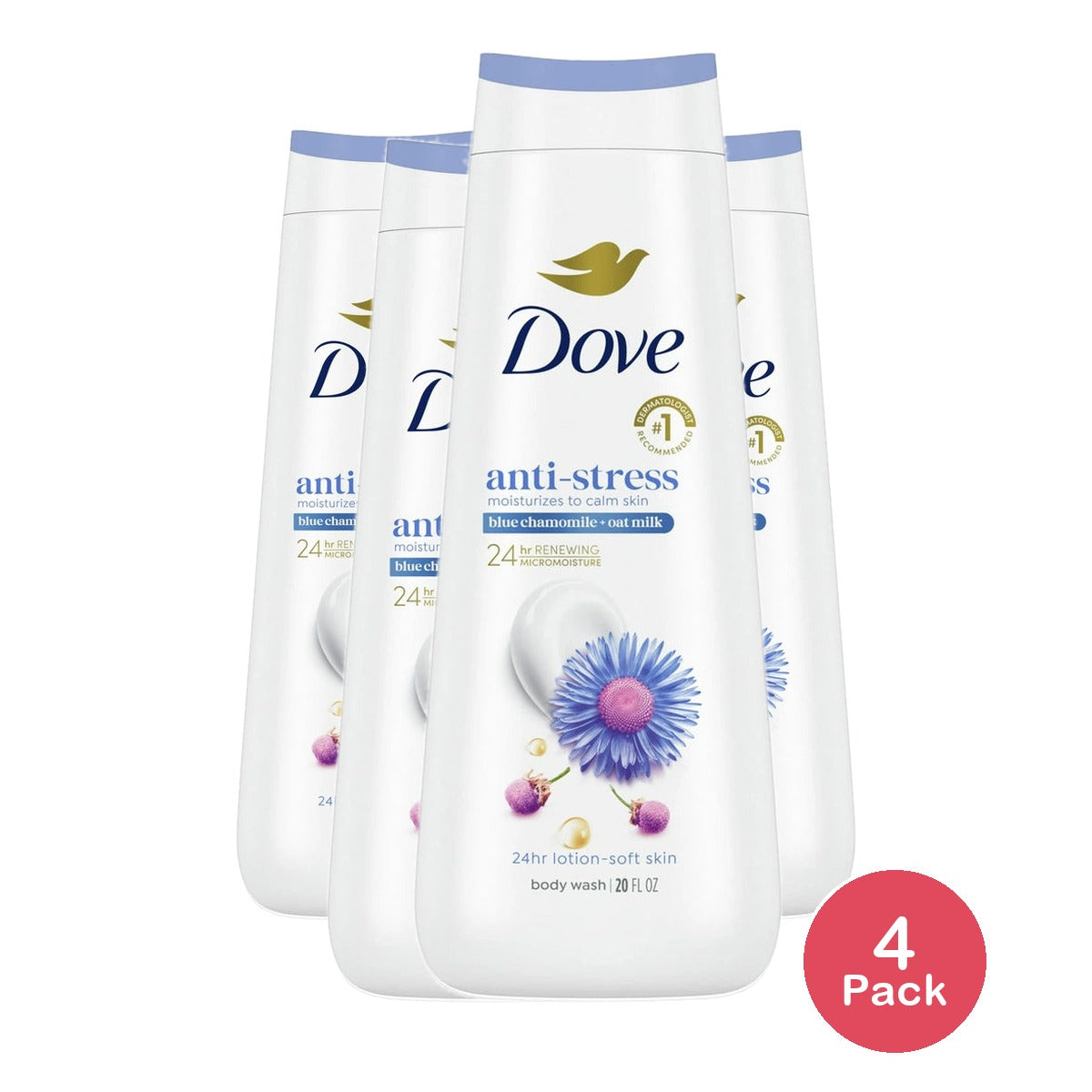 Dove Body Wash for Women Moisturizing Anti-Stress Blue Chamomile & Oat Milk Clear 20 oz (Pack of 4)