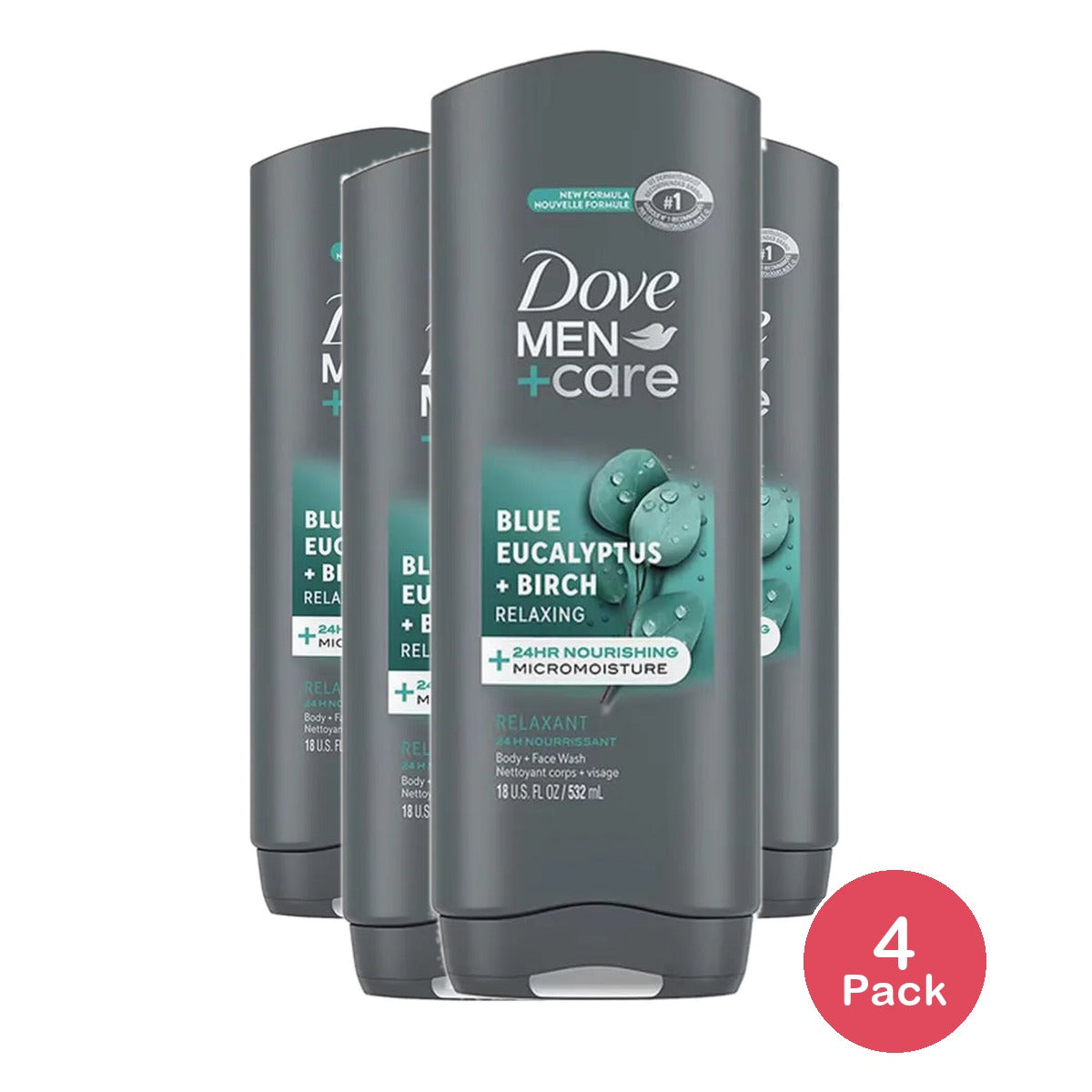 Dove Men Plus Care Body and Face Wash Blue Eucalyptus Plus Birch 18Oz (Pack of 4)