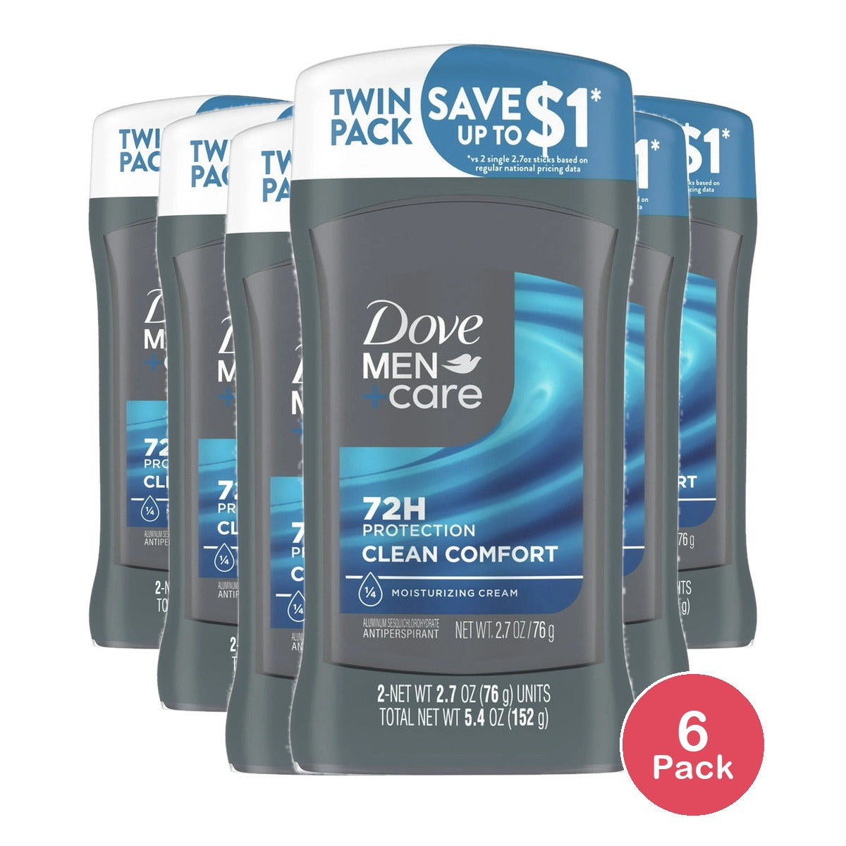 Dove Men+Care Long Lasting Antiperspirant Deodorant Stick for Men Twin Pack Cle 2.7 oz (Pack of 6)