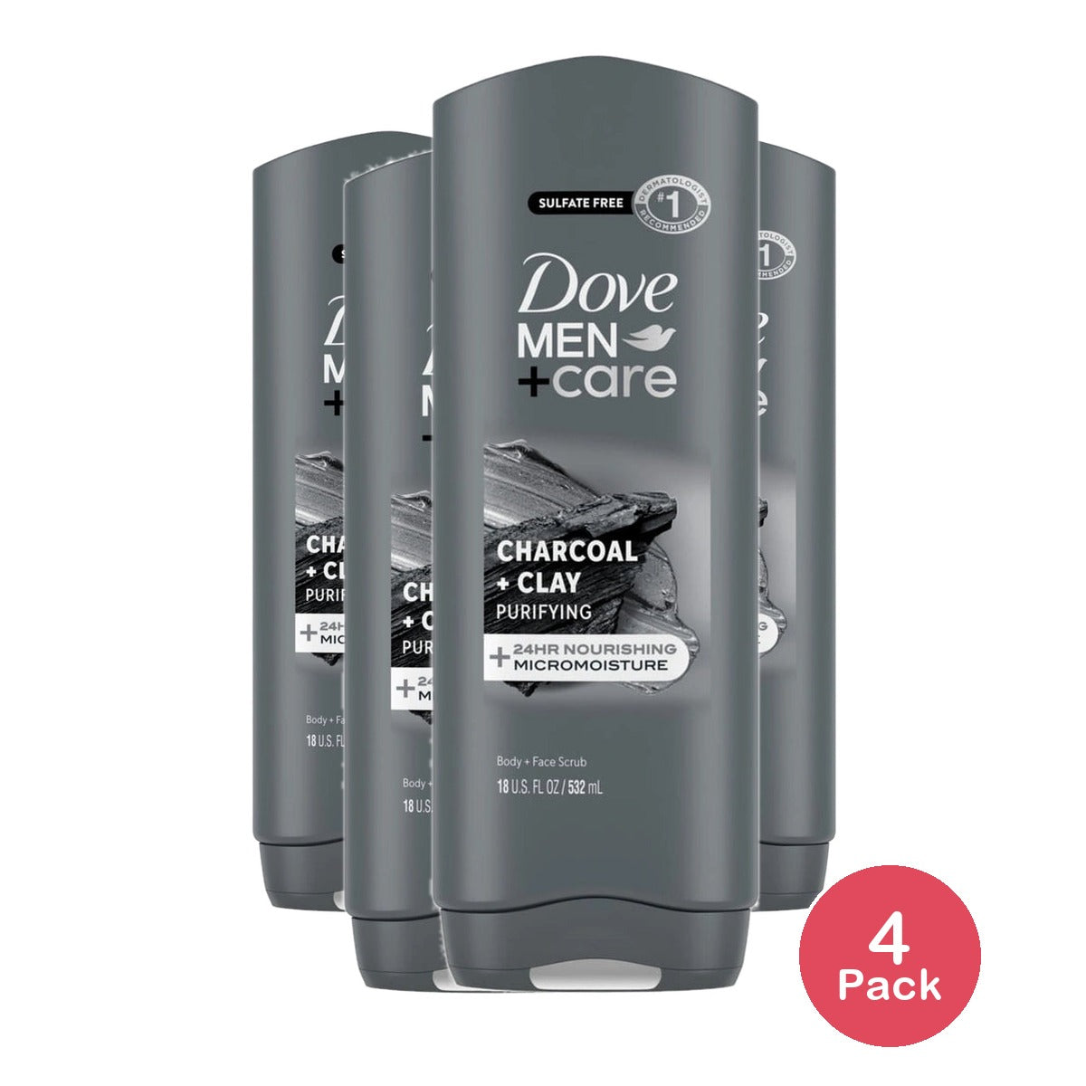 Dove Men+Care Purifying Hydrating Face & Body Wash for Men Charcoal & Clay 18 fl oz (Pack of 4)