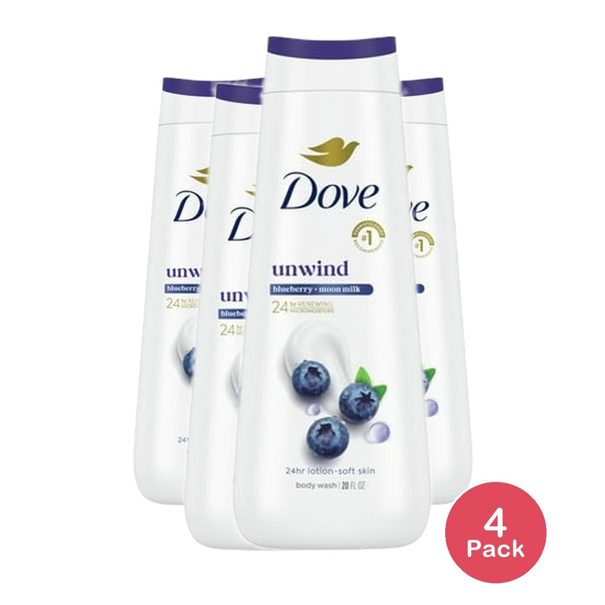 Dove Moisturizing Body Wash Blueberry & Moon Milk 20 Oz (Pack of 4)