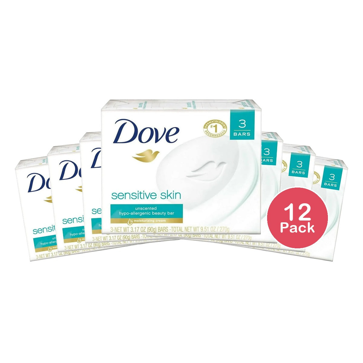Dove Sensitive Skin Beauty Bar Unscented 3 Ea 3.17Oz (Pack of 12)