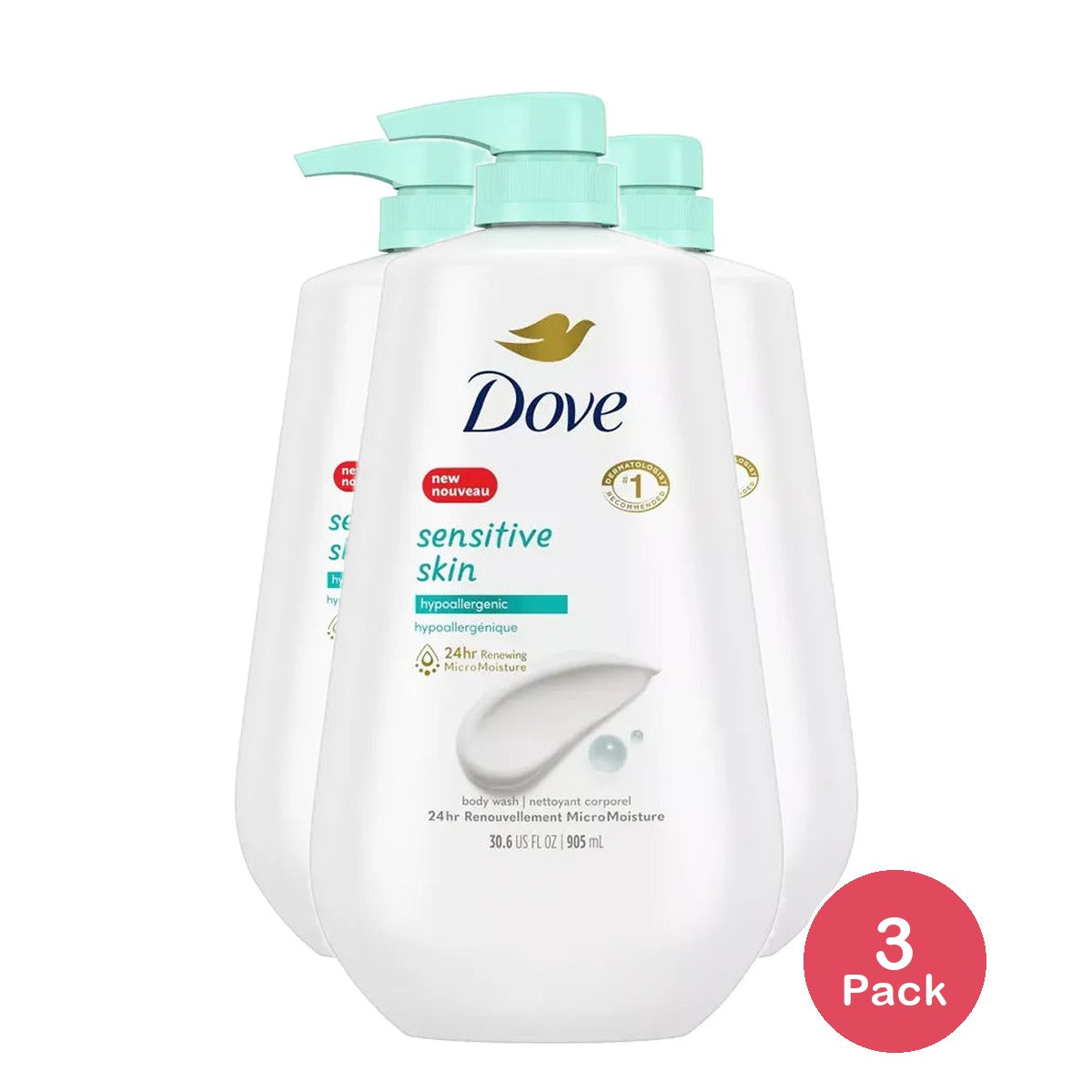 Dove Sensitive Skin Body Wash Pump Hypoallergenic and Sulfate Free 30.6Oz (Pack of 3)