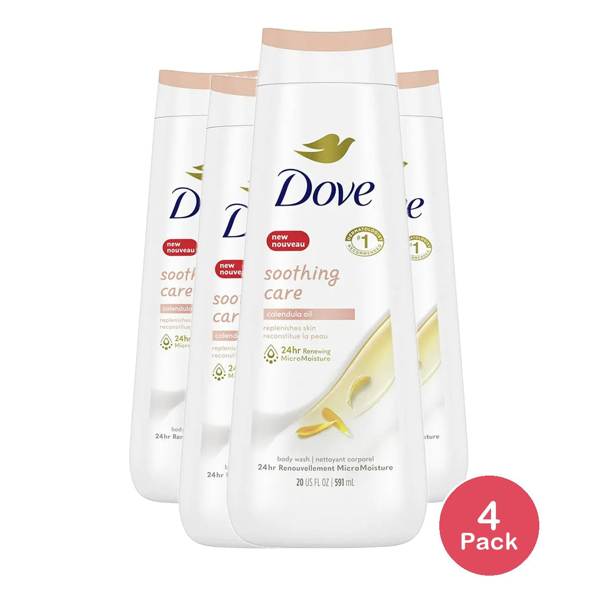 Dove Soothing Care Body Wash with Calendula Infused Oils 20Oz (Pack of 4)