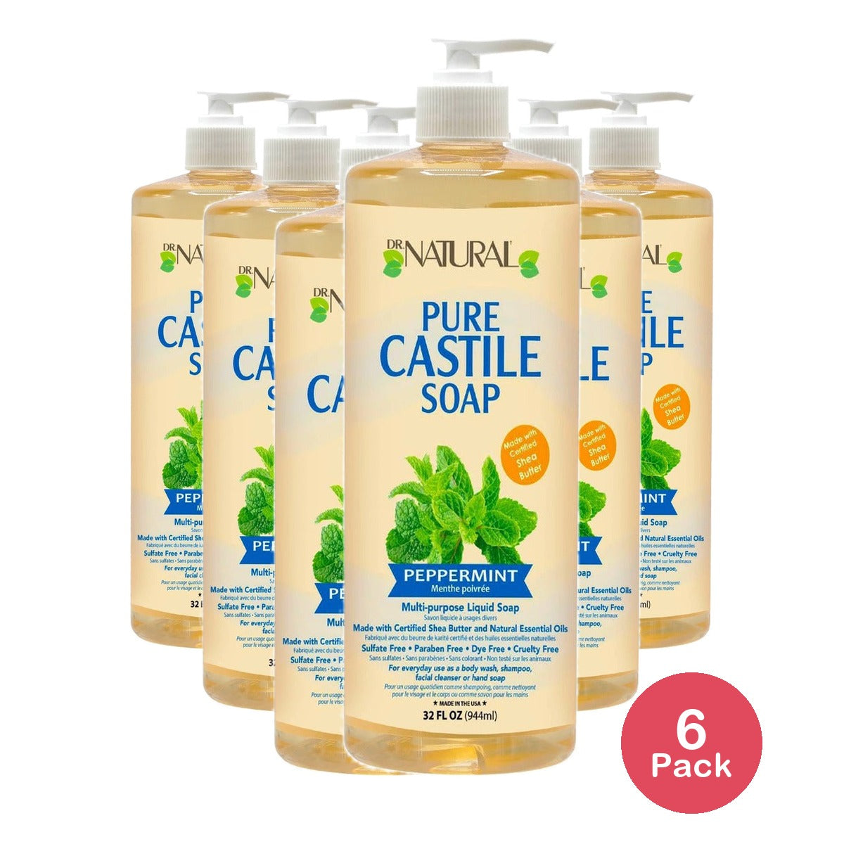 Dr. Natural Peppermint Castile Body Wash 32 Oz (Pack of 6)