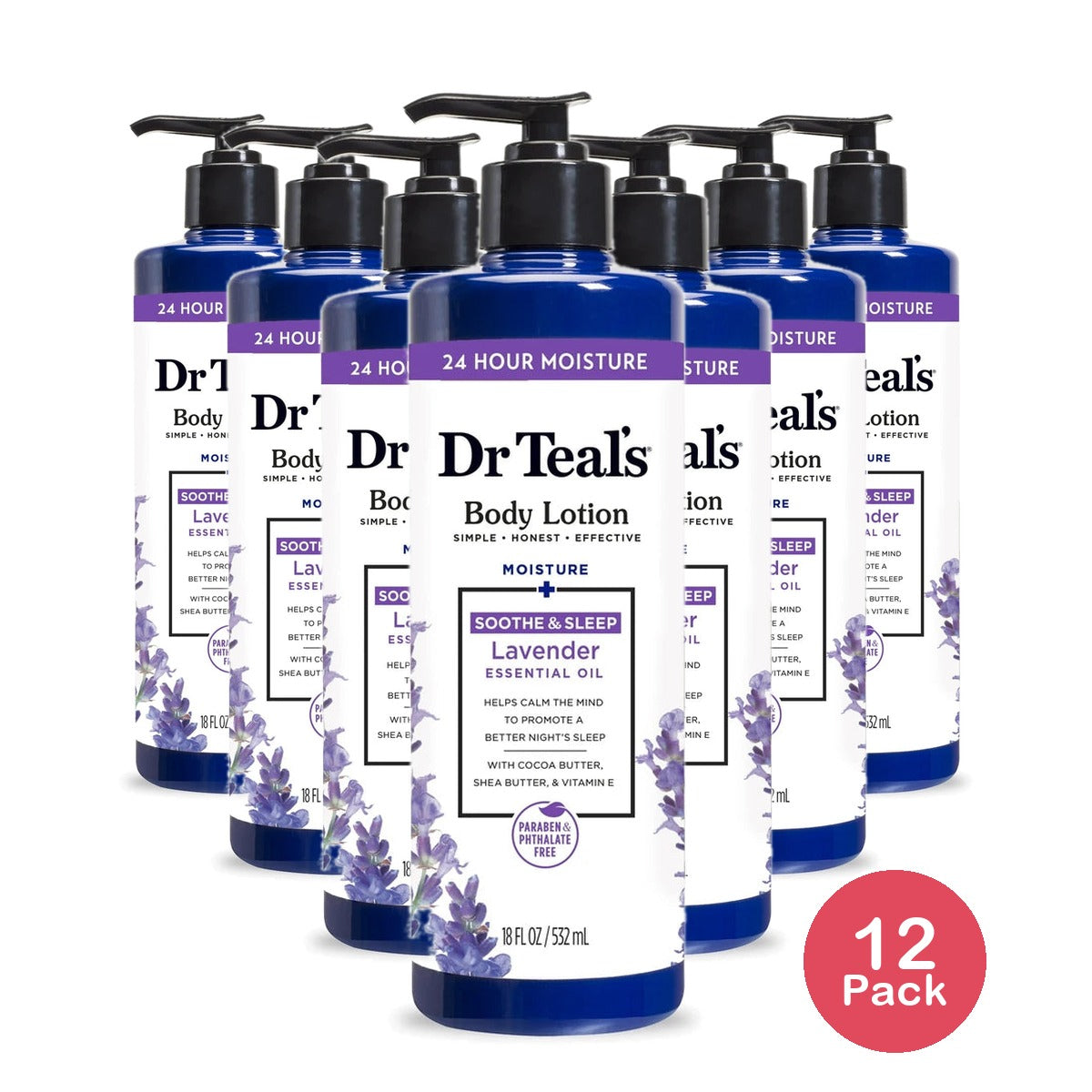 Dr Teal's 24 Hour Moisture Body Lotion with Lavender Essential Oil 18 fl oz (Pack of 12)