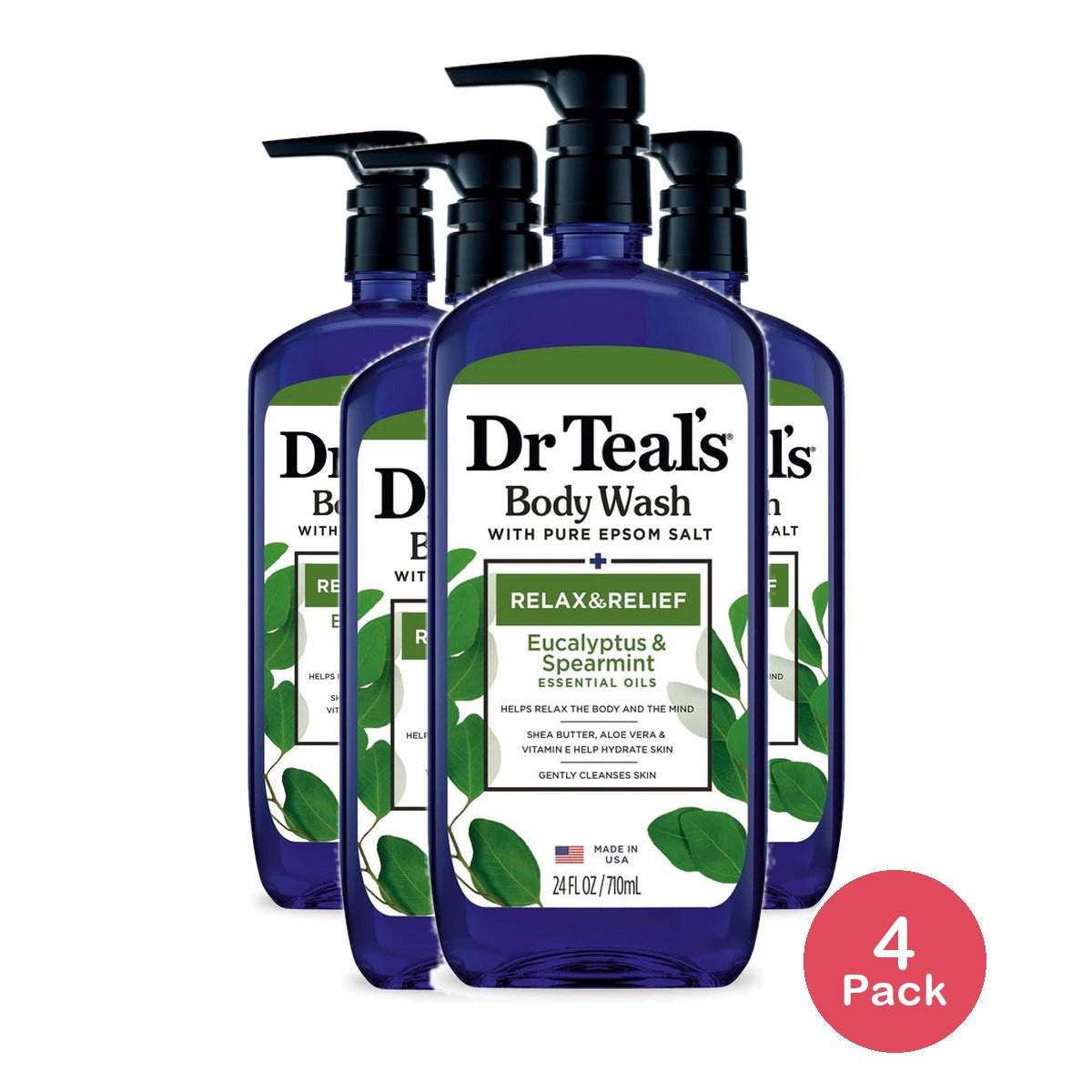 Dr Teal's Body Wash Relax and Relief with Eucalyptus Spearmint (Pack of 4) 24 Fl. Oz