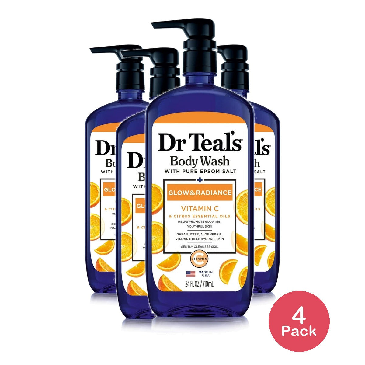 Dr Teal's Body Wash with Pure Epsom Salt Glow & Radiance with Vitamin C & Citru 24 Fl. Oz (Pack of 4)