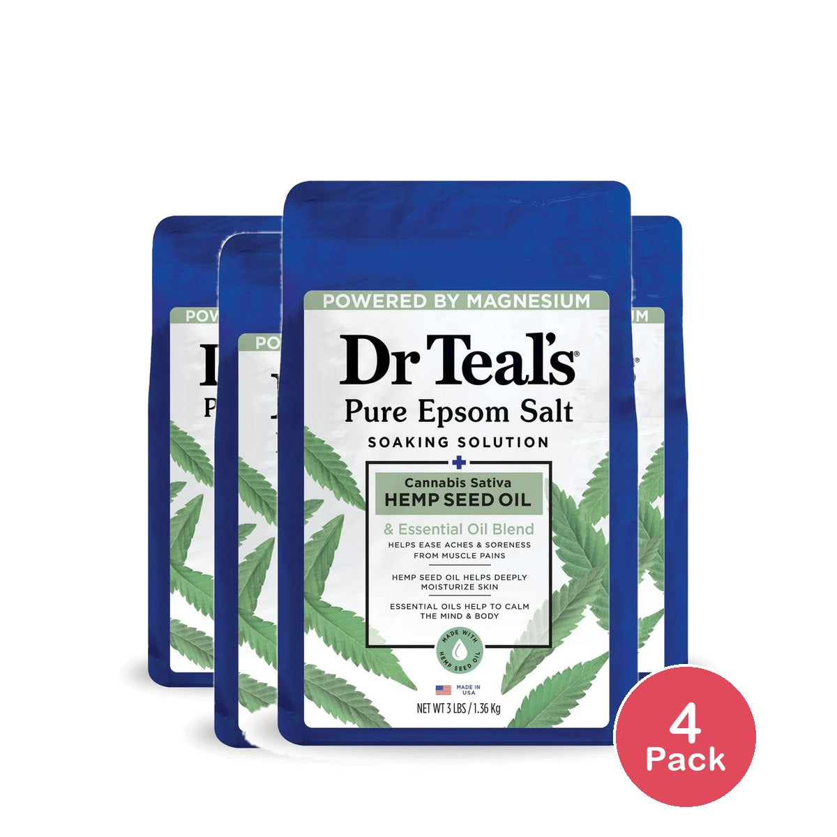 Dr Teal's Epsom Salt Magnesium Soak Cannabis Sativa Hemp Seed Oil 48 Oz (Pack of 4)