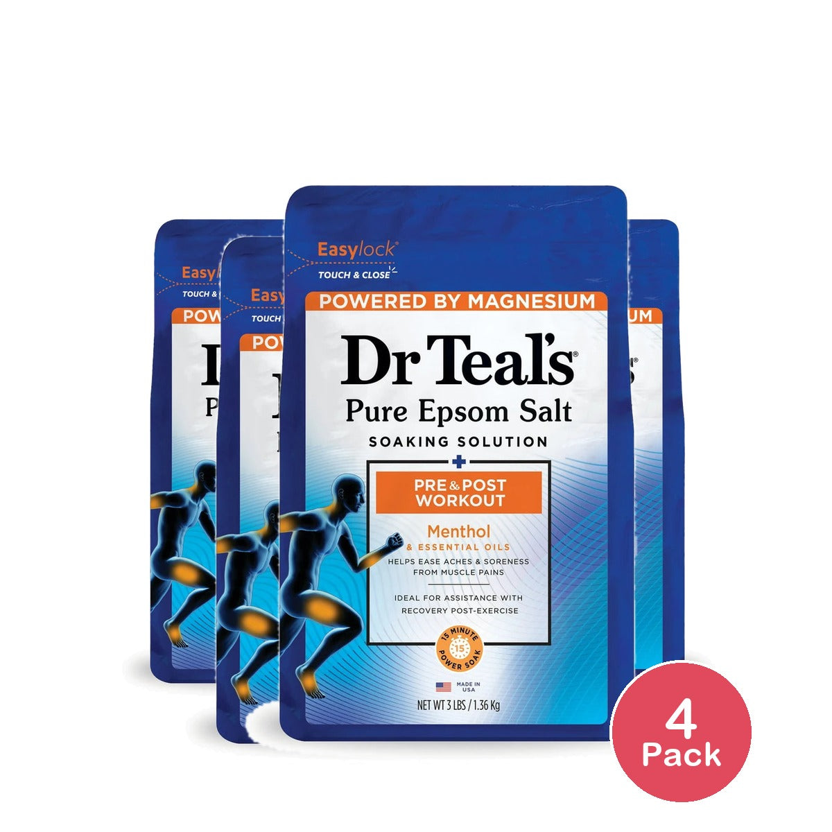 Dr Teal's Epsom Salt Magnesium Soak Pre & Post Workout with Menthol 48 Oz (Pack of 4)