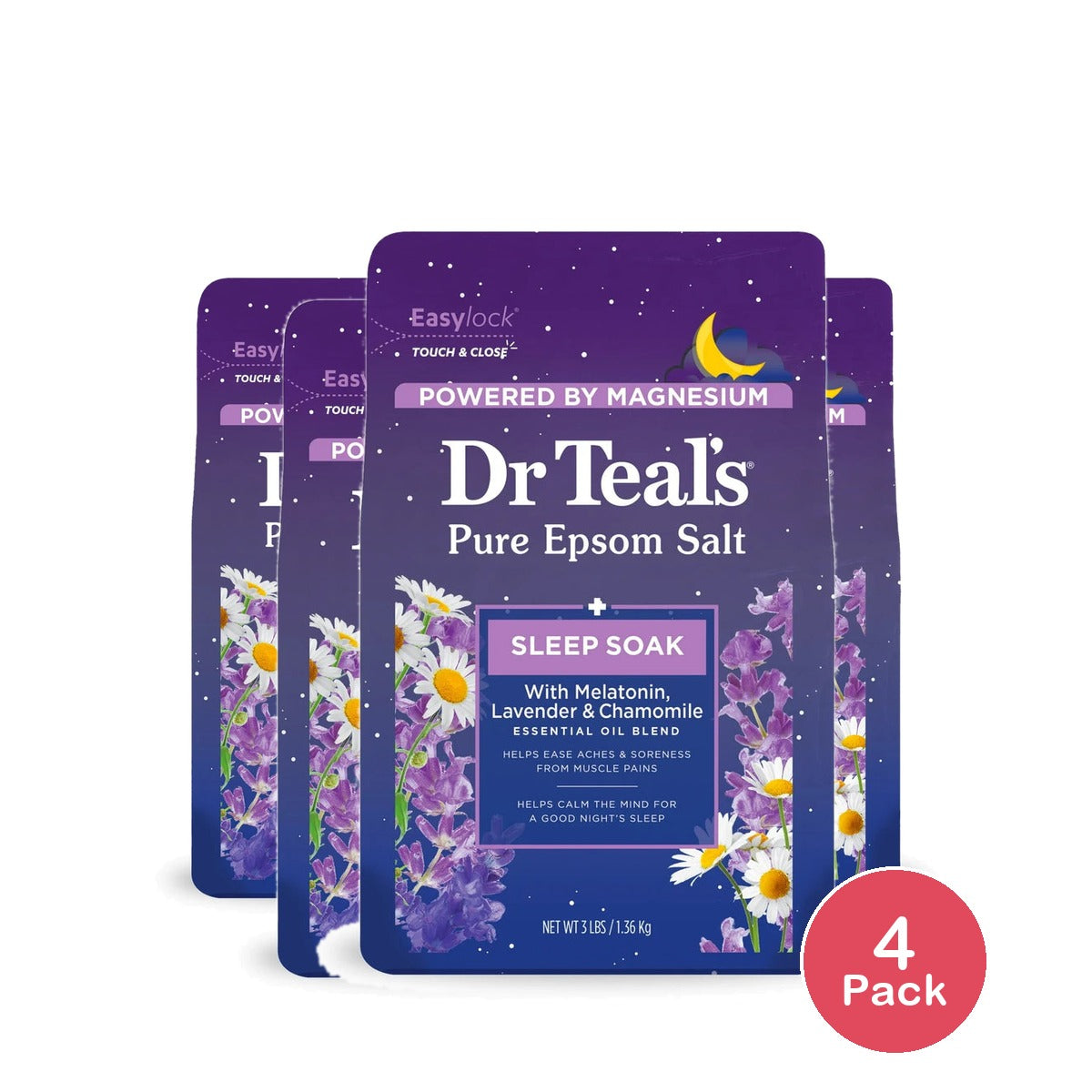 Dr Teal's Epsom Salt Magnesium Soak Sleep Blend with Melatonin Lavender & Cham 48 Oz (Pack of 4)
