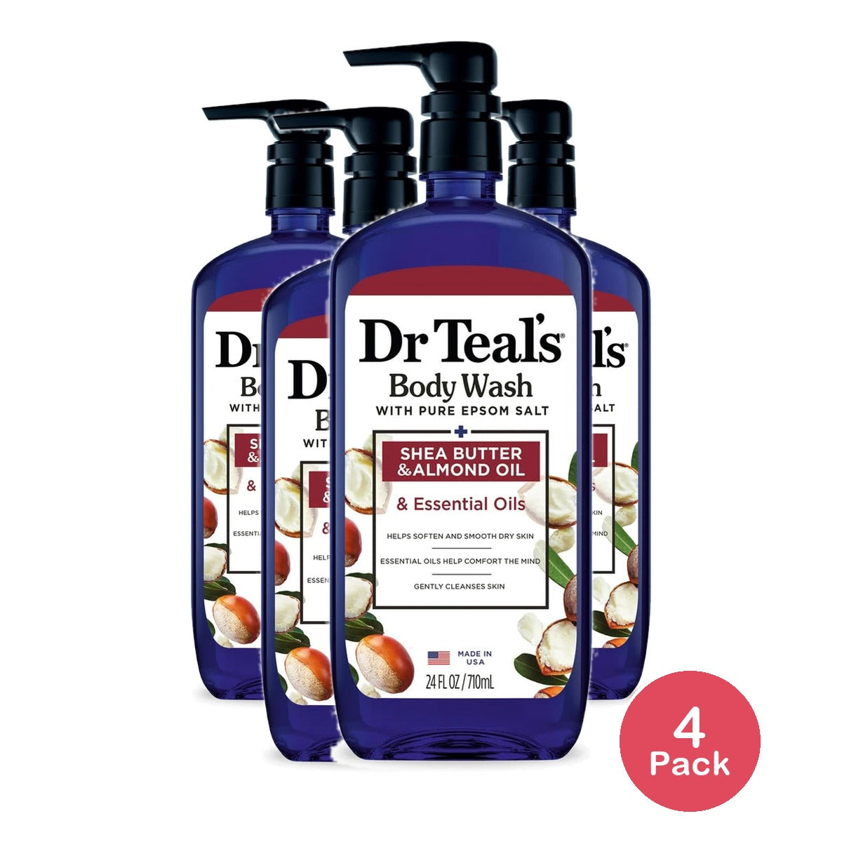 Dr Teal’s Body Wash with Pure Epsom Salt Shea Butter & Almond (Pack of 4) 24 Fl. Oz