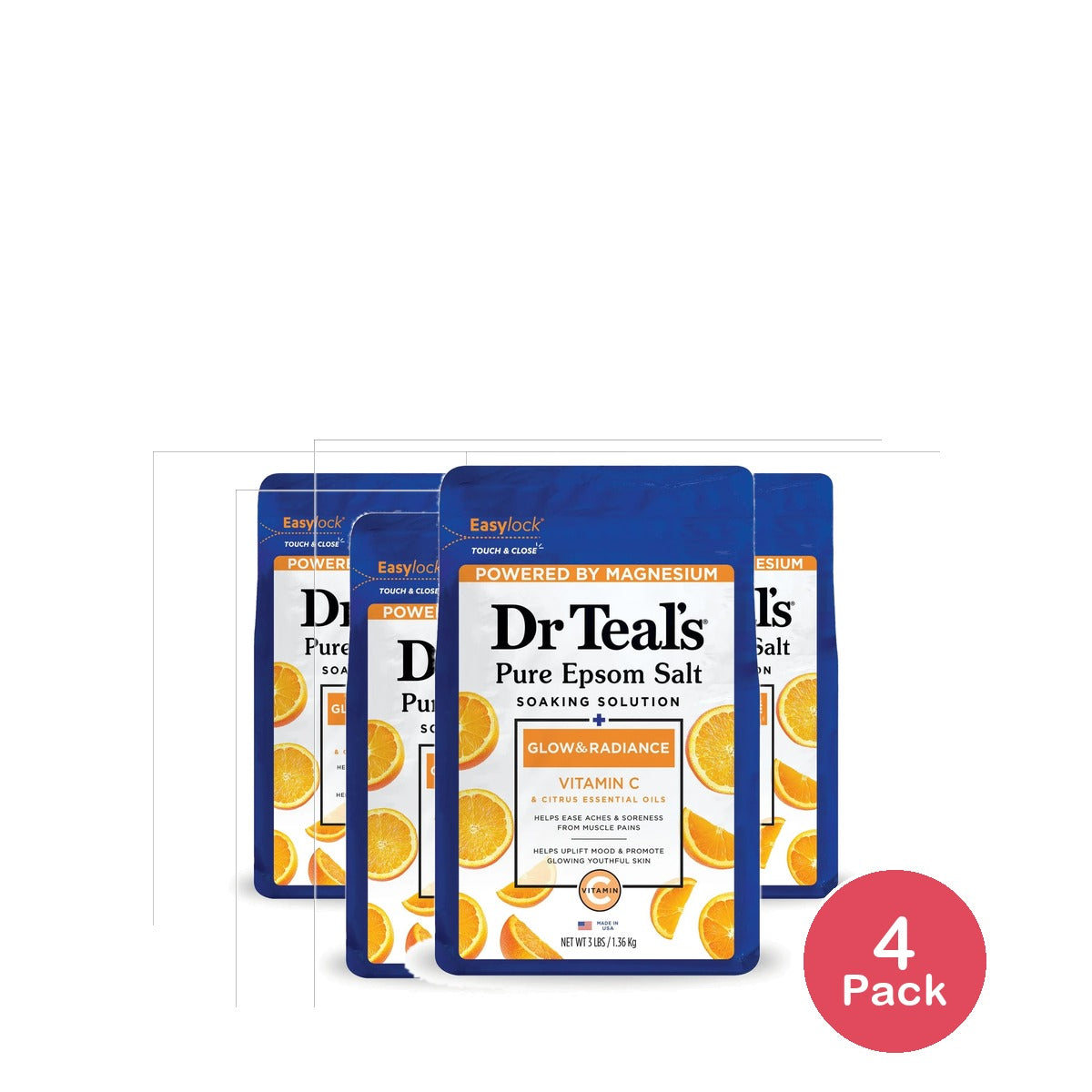 Dr Teal's Epsom Salt Magnesium Soak - Glow & Radiance with Vitamin C & Citrus Es 48 Oz (Pack of 4)