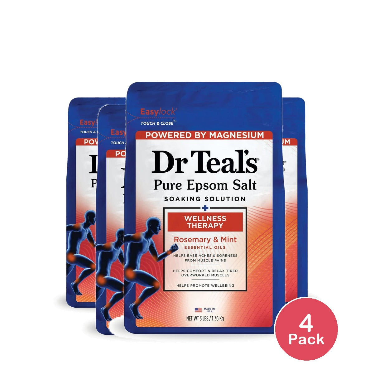 Dr Teal's Epsom Salt Magnesium Soak - Wellness Therapy with Rosemary & Mint - 48 Oz (Pack of 4)