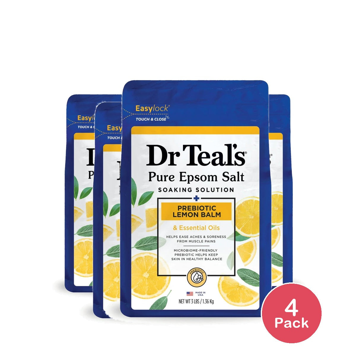 Dr Teal's Prebiotic Lemon Balm & Essential Oils Pure Epsom Salt Soaking Solution 48 Oz (Pack of 4)