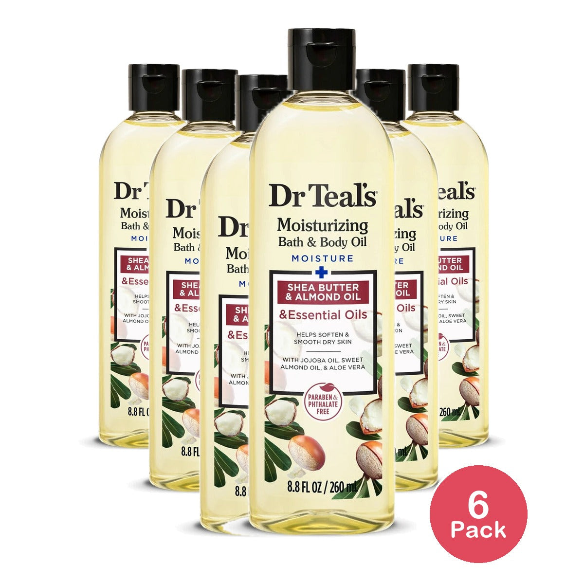 Dr Teal's Shea Butter & Almond Moisturizing Bath & Body Oil with Essential Oils 8.8. FI Oz (Pack of 6)