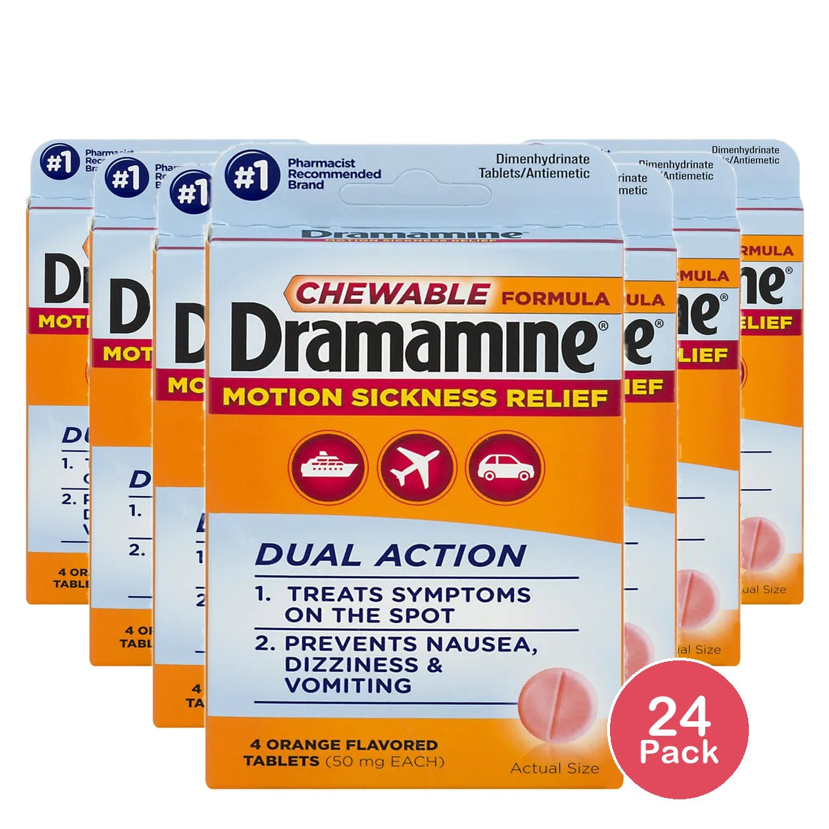 Dramamine Chewable Motion Sickness Relief Orange Flavor 4 Count 0.32Oz (Pack Of 24)