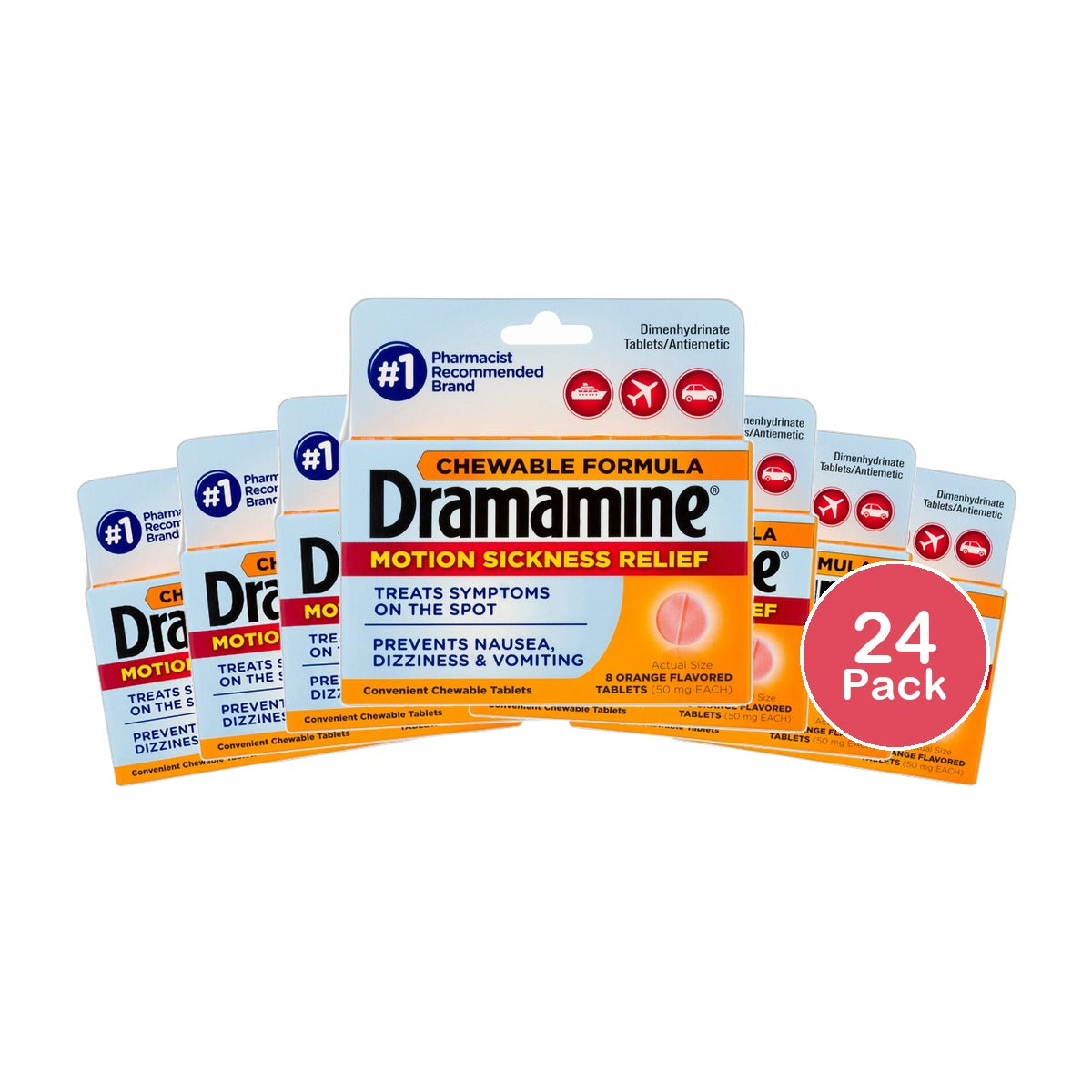 Dramamine Chewable Tablets For Motion Sickness Relief8 Ea 0.48Oz (Pack Of 24)