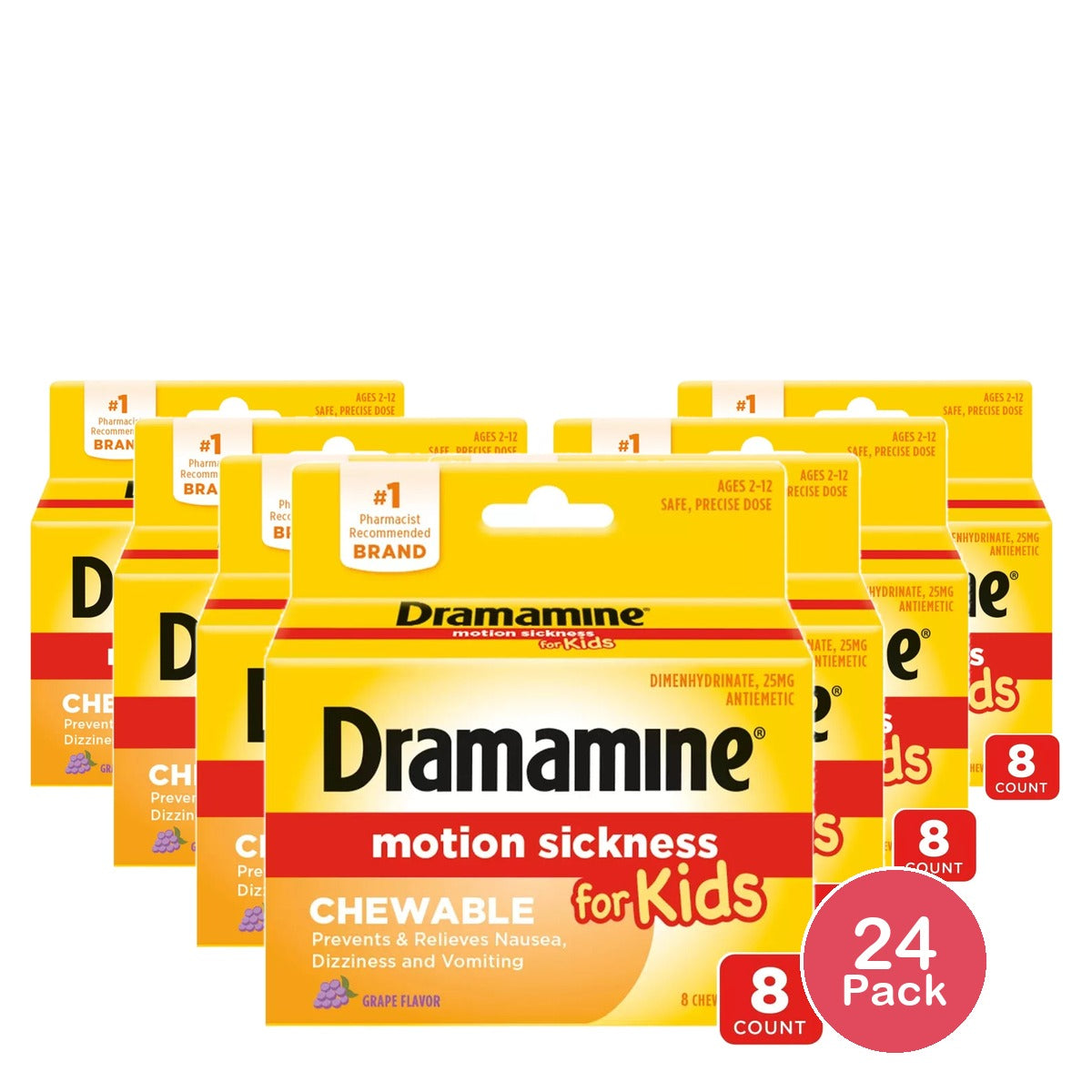 Dramamine Kids Chewable Motion Sickness Relief Tablets for Nausea, Dizziness & Vomiting - Grape -  8ct (Pack of 24)