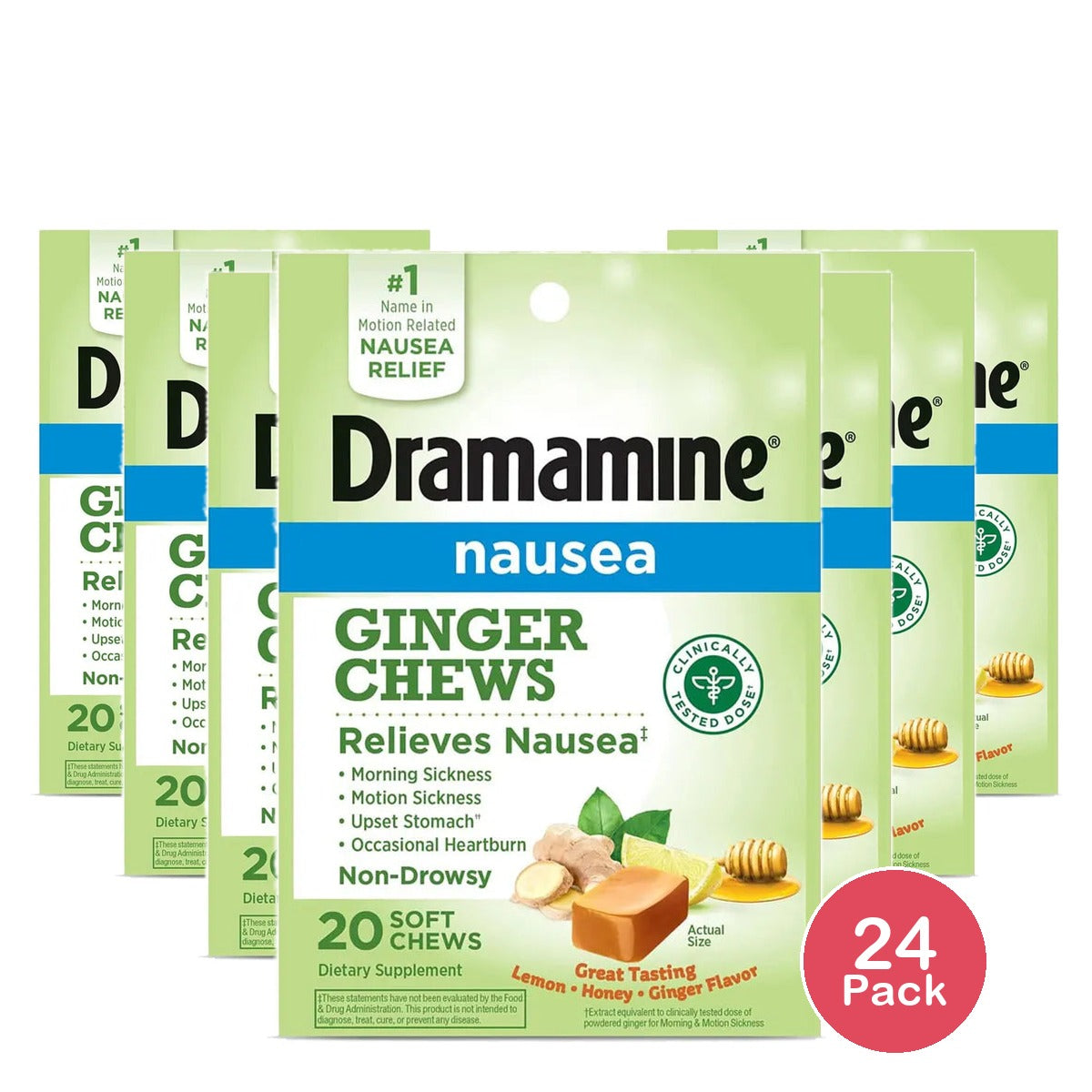 Dramamine Nausea Morning Sickness And Motion Sickness Relieves Lemon And Honey Ginger Flavor 3.84oz (Pack of 24)