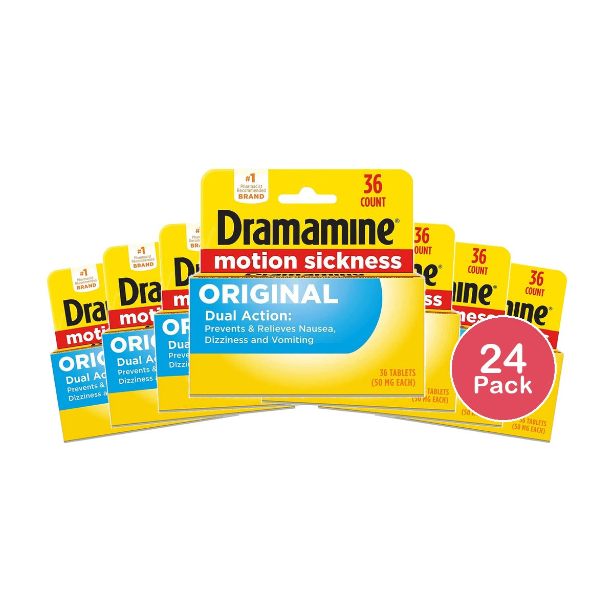 Dramamine Original Formula Motion Sickness Relief Tablets For Nausea, Dizziness 0.64 Oz (Pack Of 24)