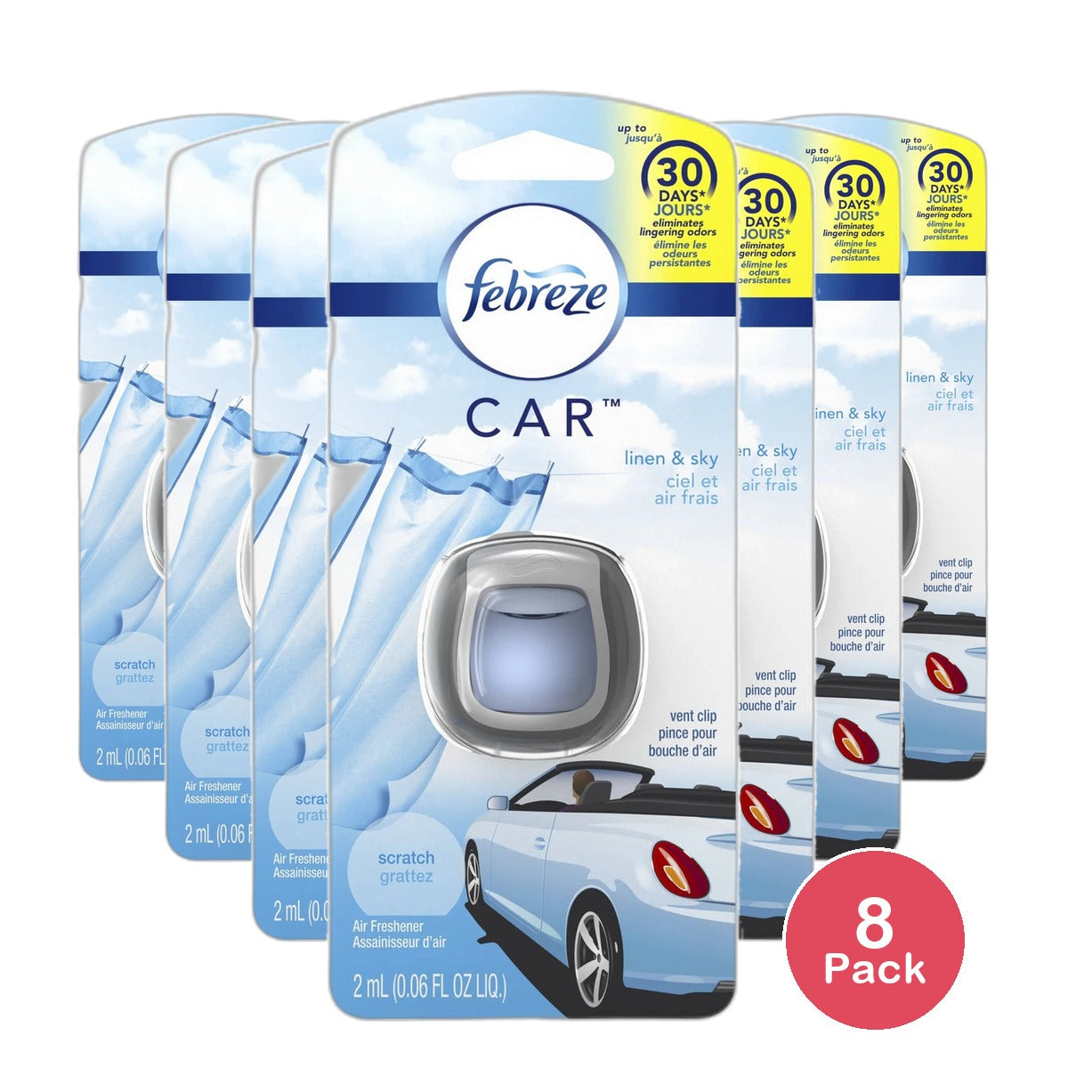 Febreze Car Odor-Eliminating Air Freshener Vent Clip Linen & Sky 0.06Oz (Pack Of 8)