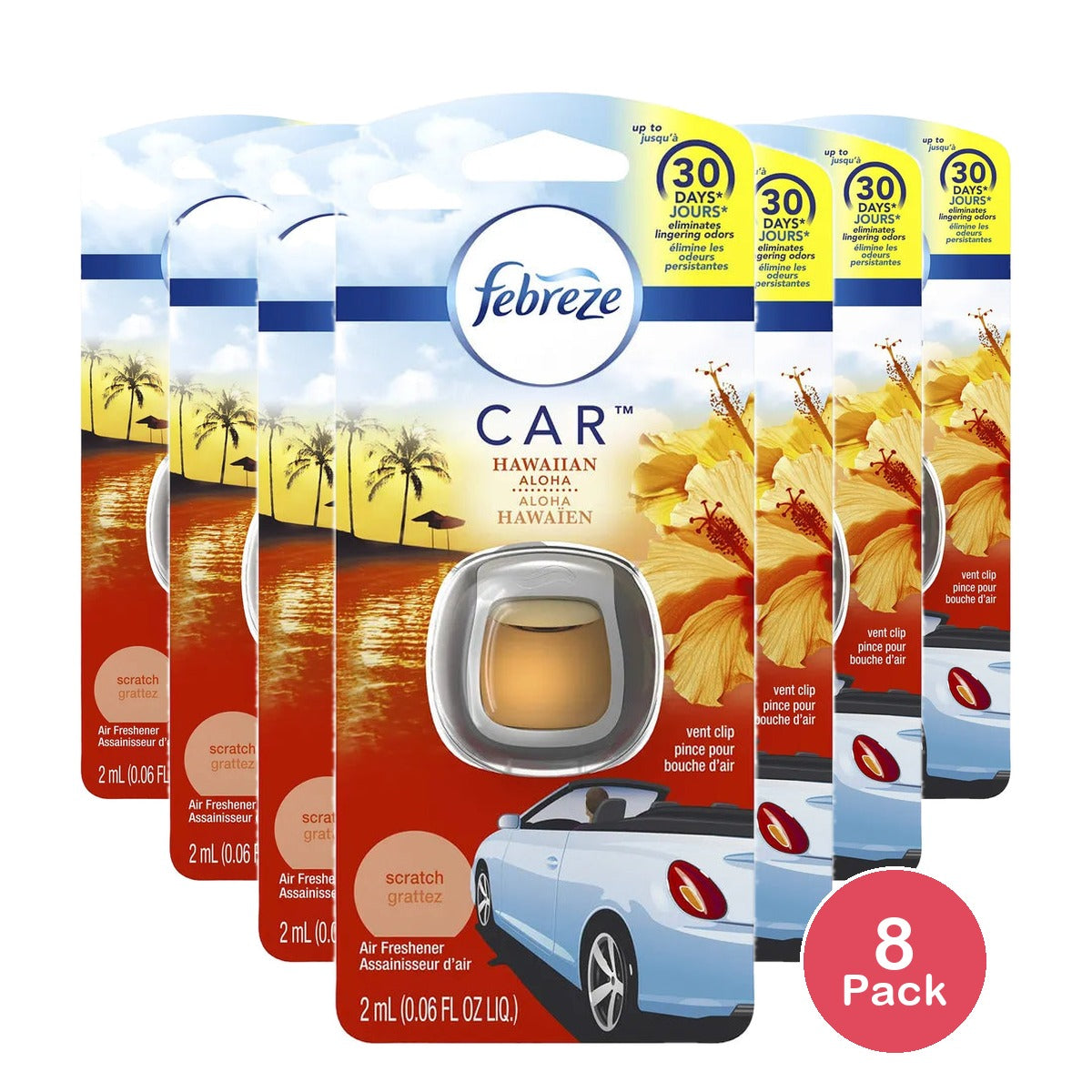 Febreze Car Vent Clip Hawaiian Scent 2 Ct 0.06Oz (Pack Of 8)