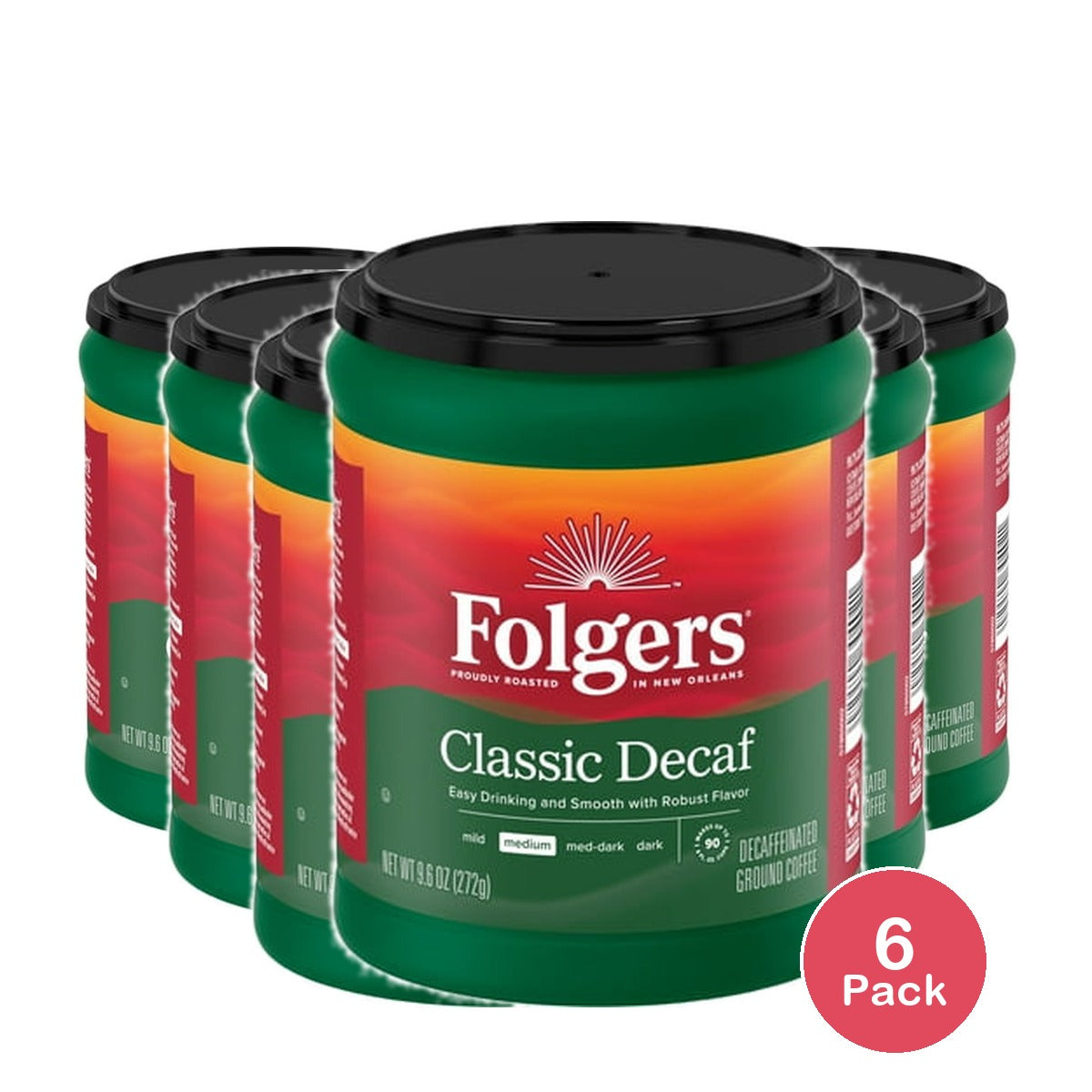 Folgers Decaf Ground Coffee 9.6 Oz (Pack of 6)